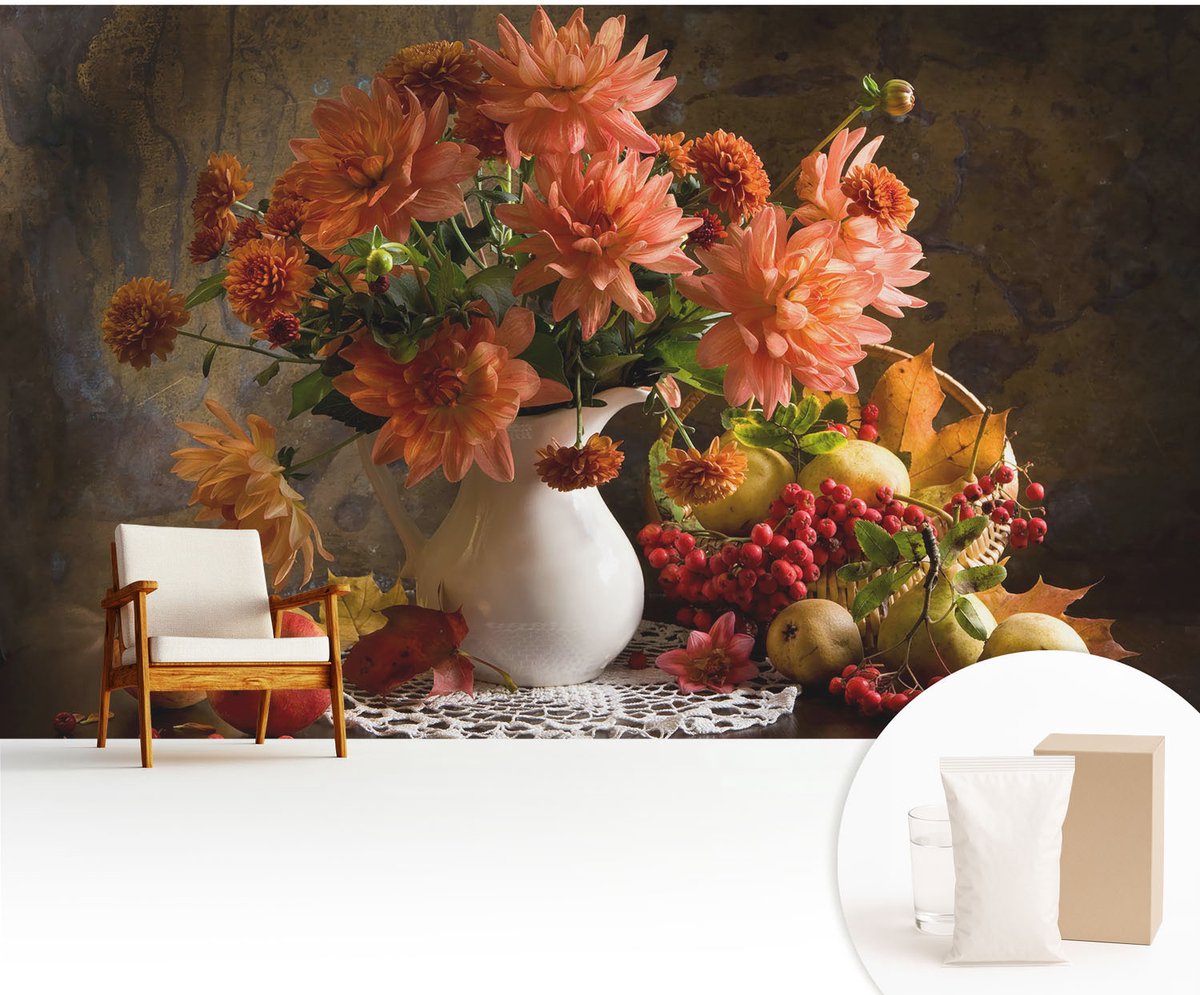 Wallfluent Fotobehang - Oranje Vliesbehang - 416x254 cm - Herfstcompositie Muurschildering - Gang behang Bloemen En Planten - Fotobehang Vlies - Gang behang