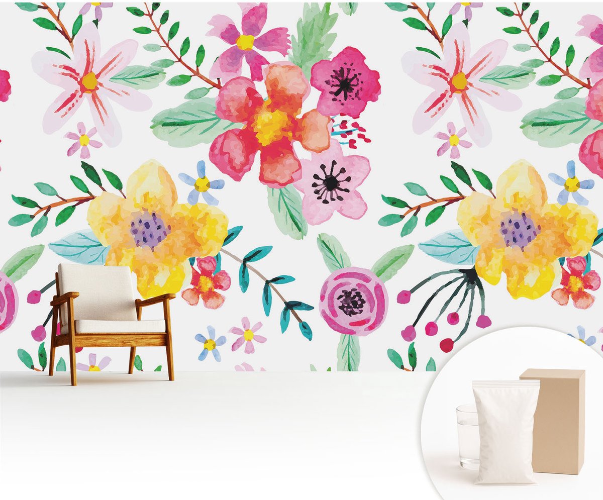 Wallfluent Fotobehang - Wit Vliesbehang - 416x254 cm - Bloemige Frisheid Muurschildering - Gang behang Bloemen En Planten - Fotobehang Vlies - Gang behang