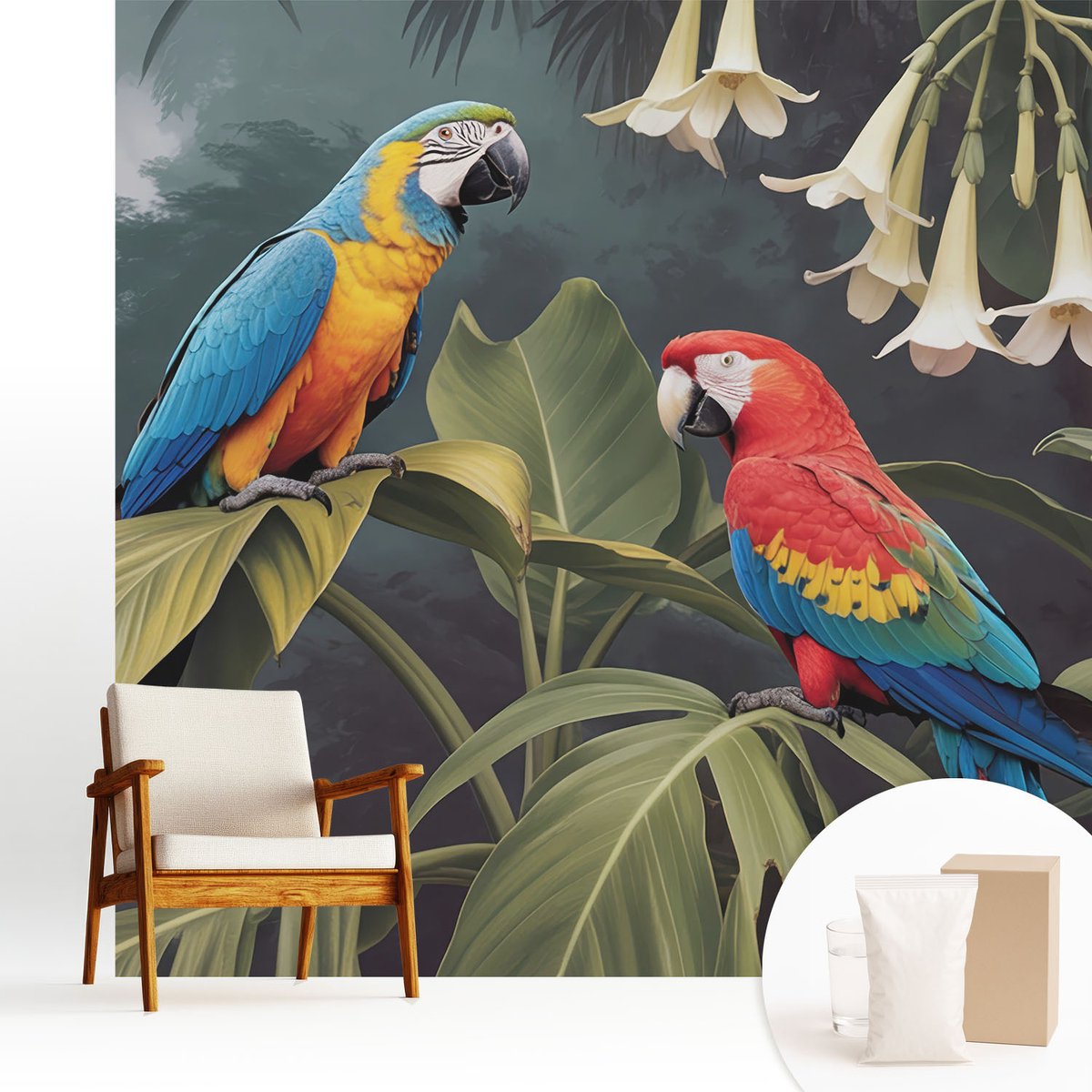 Wallfluent Fotobehang - Zwart Vliesbehang - 250x250 cm - Kleurrijke Papegaaien Fotobehang Vlies - Hal behang Dieren - Muurschildering - Hal behang