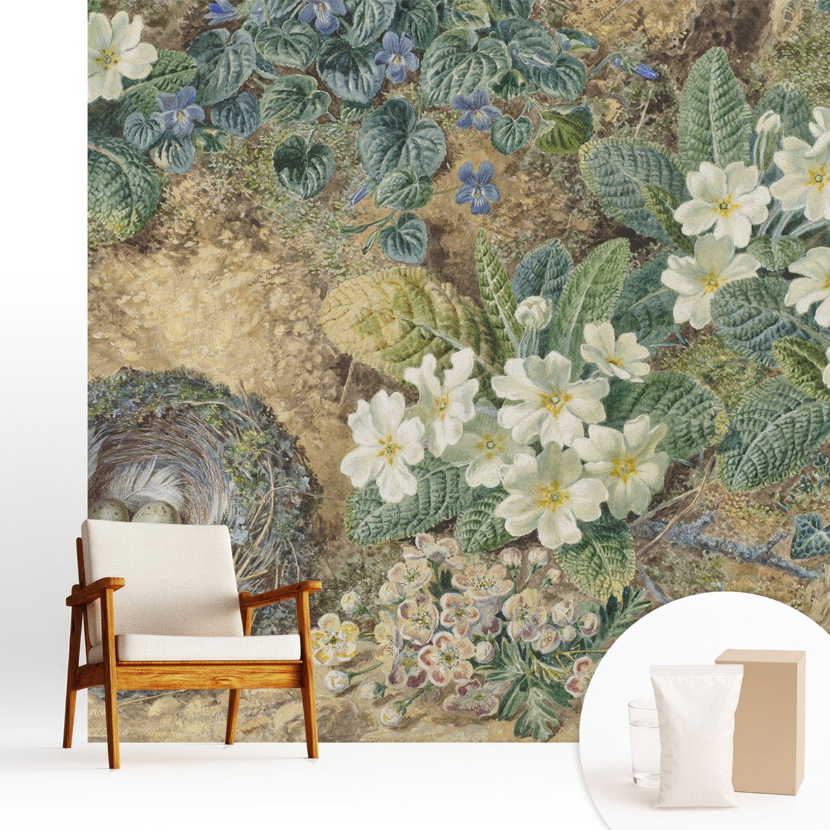 Wallfluent Fotobehang - Wit Vliesbehang - 250x250 cm - Lente Compositie Fotobehang Vlies - Hal behang Bloemen En Planten - Muurschildering - Woonkamer behang