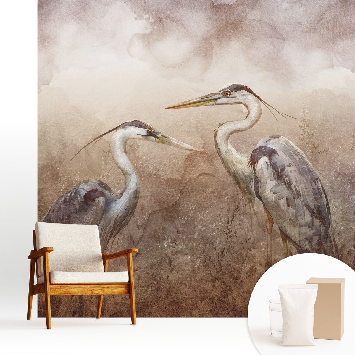 Wallfluent Fotobehang - Bruin Vliesbehang - 250x250 cm - Elegante Vogels Muurschildering - Gang behang Dieren - Fotobehang Vlies - Gang behang