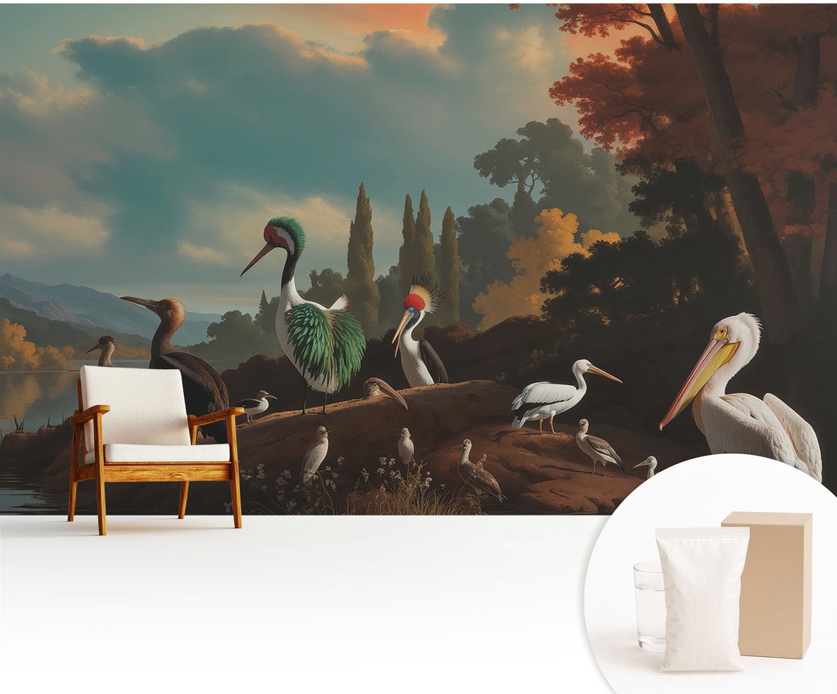 Wallfluent Fotobehang - Blauw Vliesbehang - 416x254 cm - Schilderachtige Vogels Muurschildering - Gang behang Landschappen - Fotobehang Vlies - Gang behang