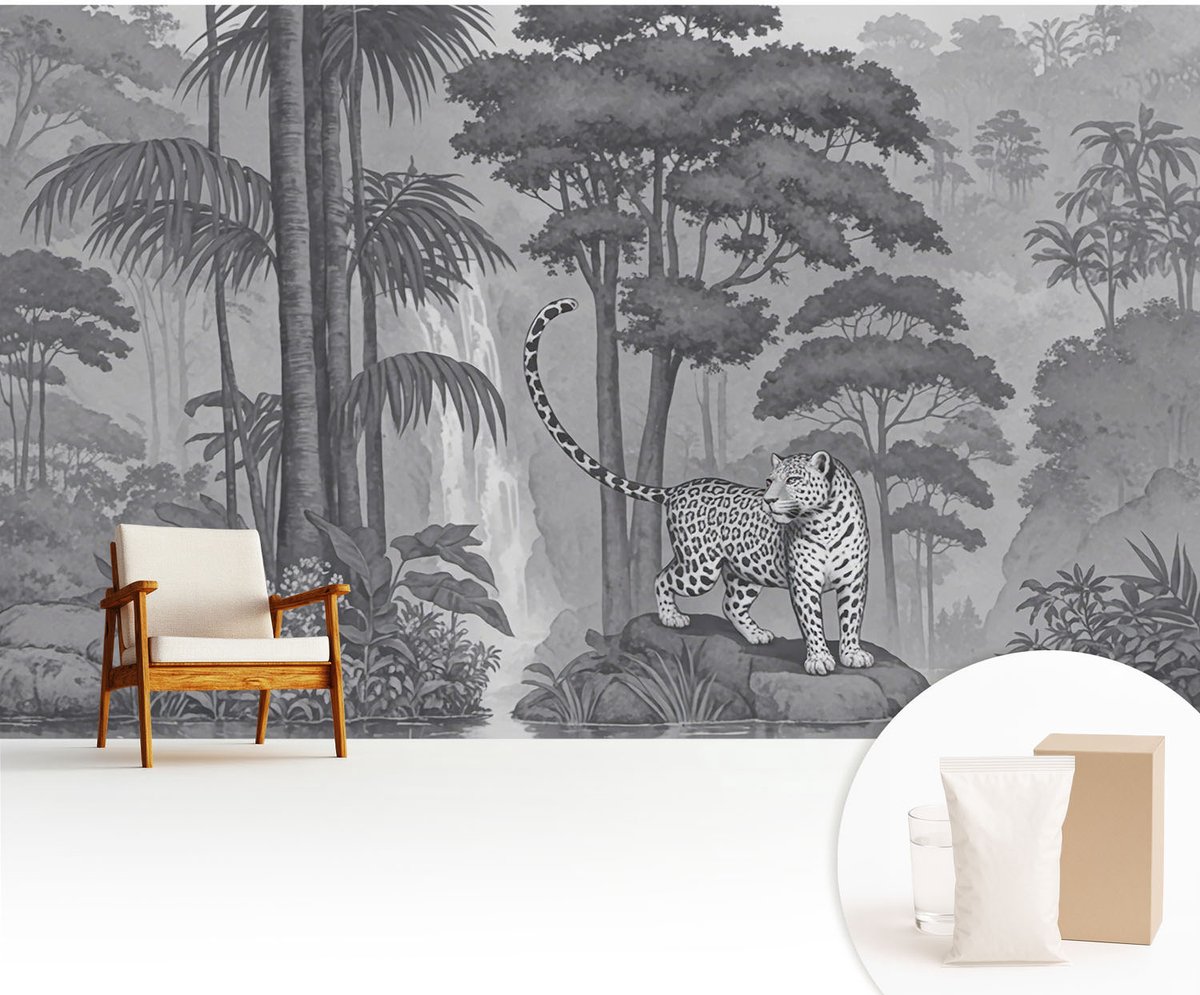 Wallfluent Fotobehang - Grijs Vliesbehang - 416x254 cm - Tropische Jungle Fotobehang Vlies - Hal behang Dieren - Muurschildering - Woonkamer behang