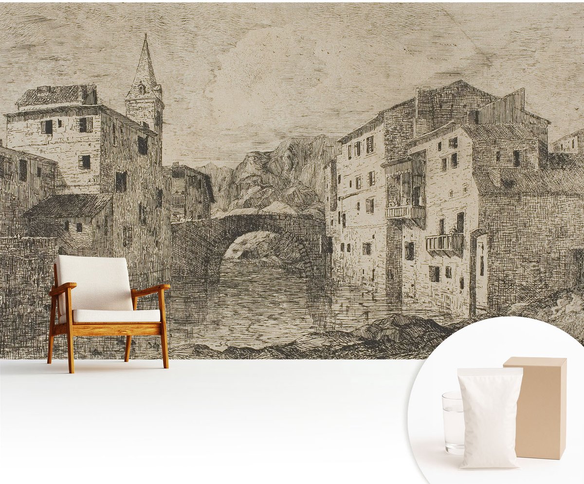 Wallfluent Fotobehang - Grijs Vliesbehang - 416x254 cm - Stadspanorama Fotobehang Vlies - Woonkamer behang Architectuur - Muurschildering - Woonkamer behang
