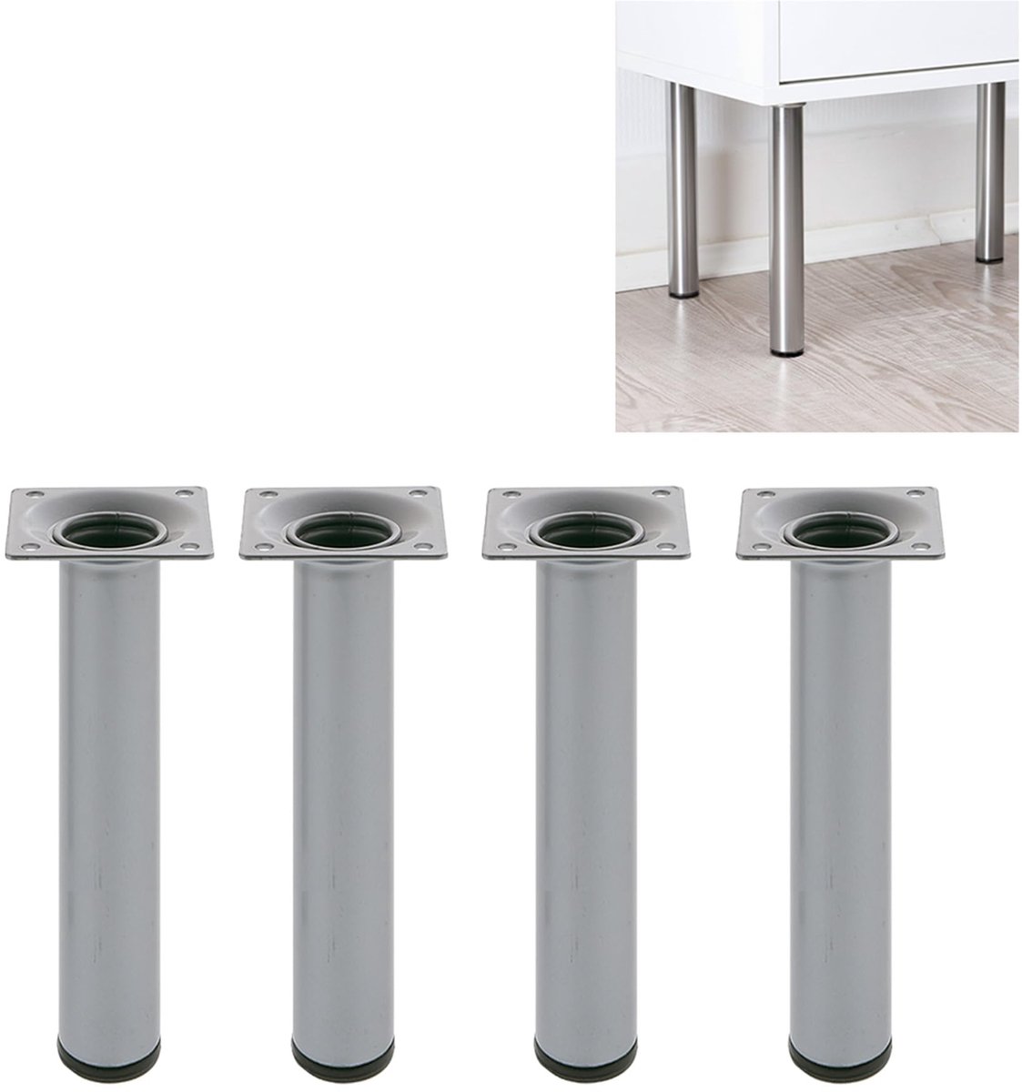 SnelShoppen - Set van 4 Ronde Meubelpoten 30x600 cm - Duurzaam Staal - Zwarte Meubelpoten met Krasbeschermende Dop voor Keuken, Eetkamer en Bureautafe