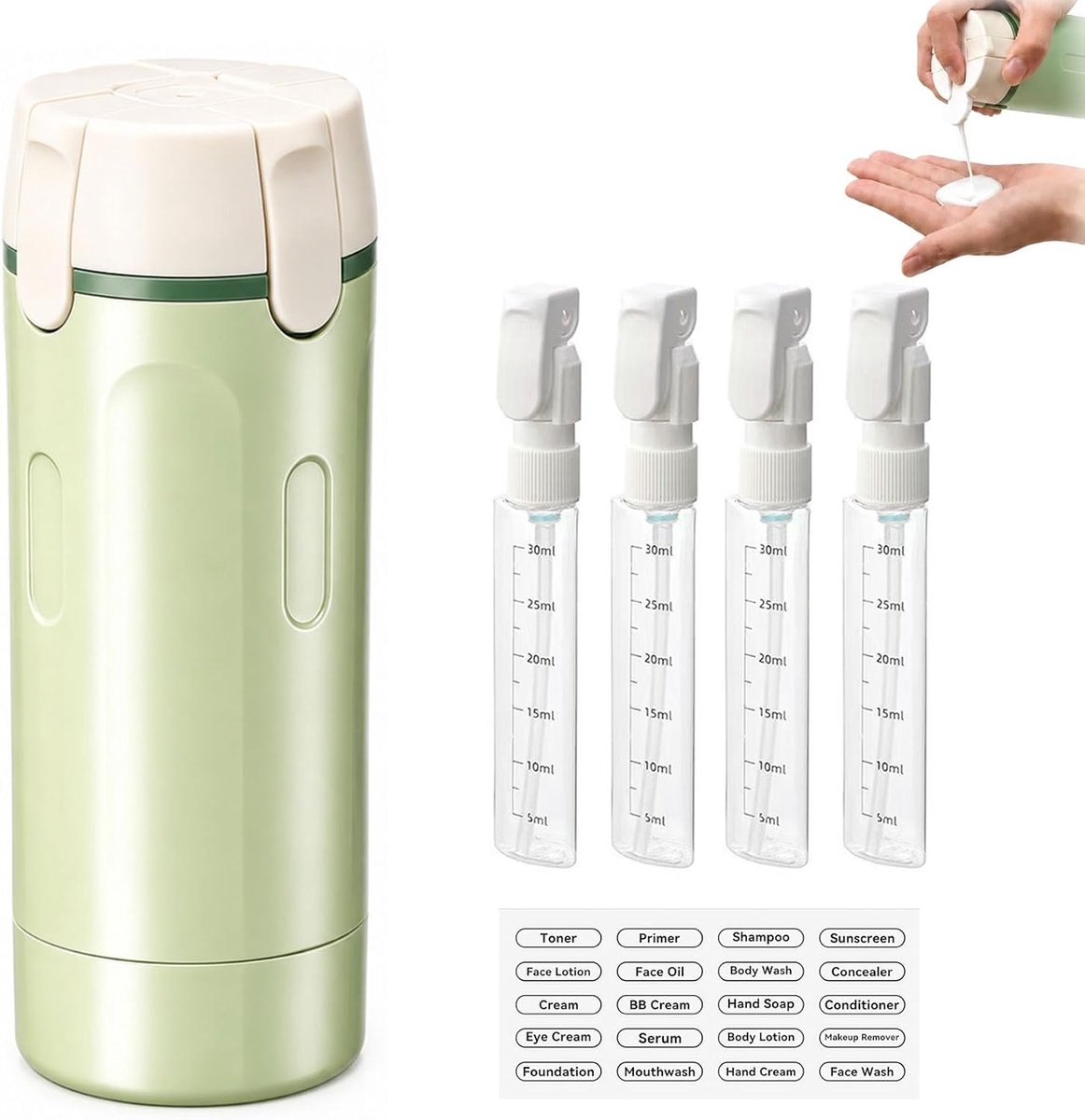 4-in-1 reisdispenser - ruimtebesparend - groen - georganiseerd reizen - ShopVlot