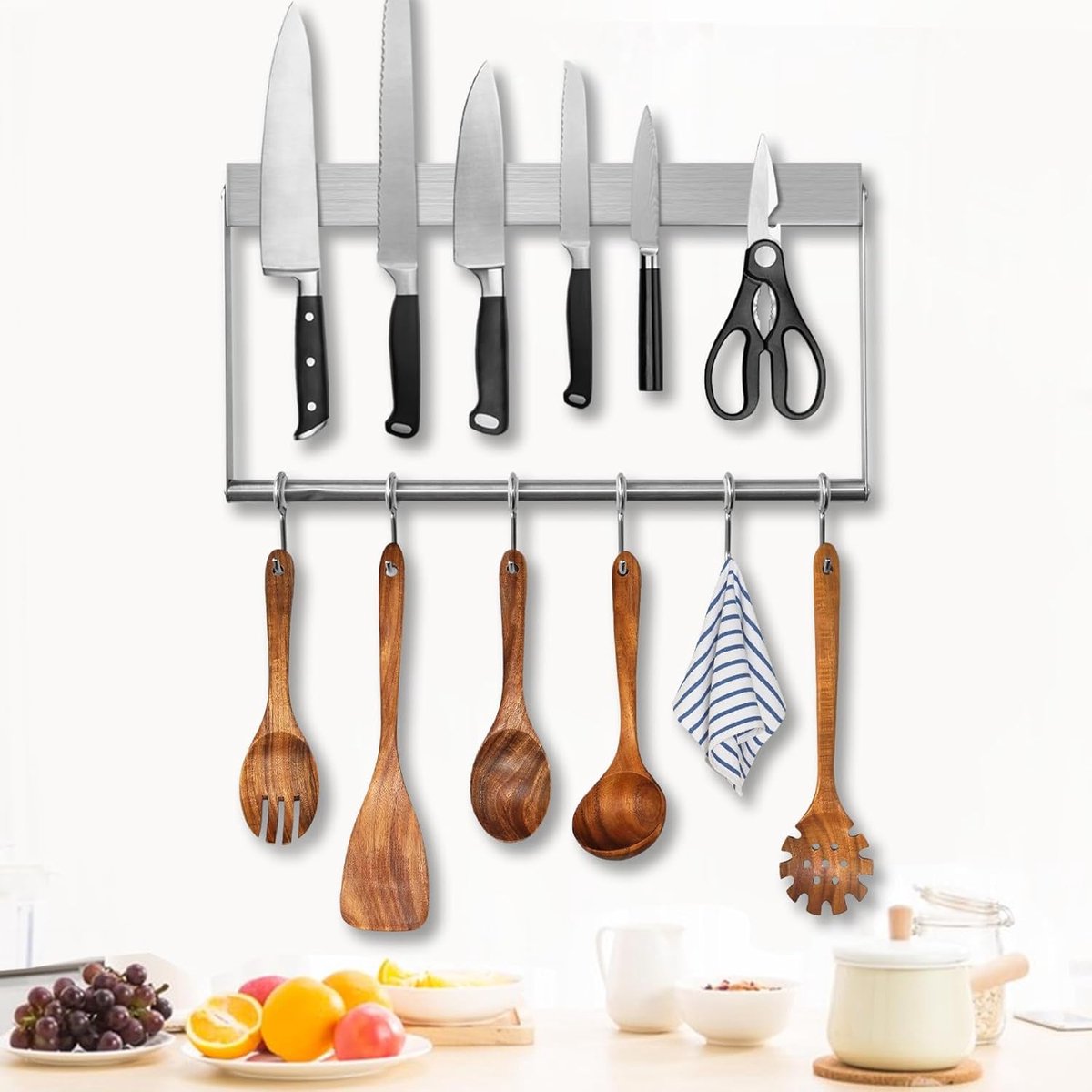 SnelShoppen - Magnetische Keukenstrip 40 cm - RVS Messenhouder met 6 Haken - Sterke Magneten voor Messen en Keukenhulpmiddelen - Makkelijk te Monteren