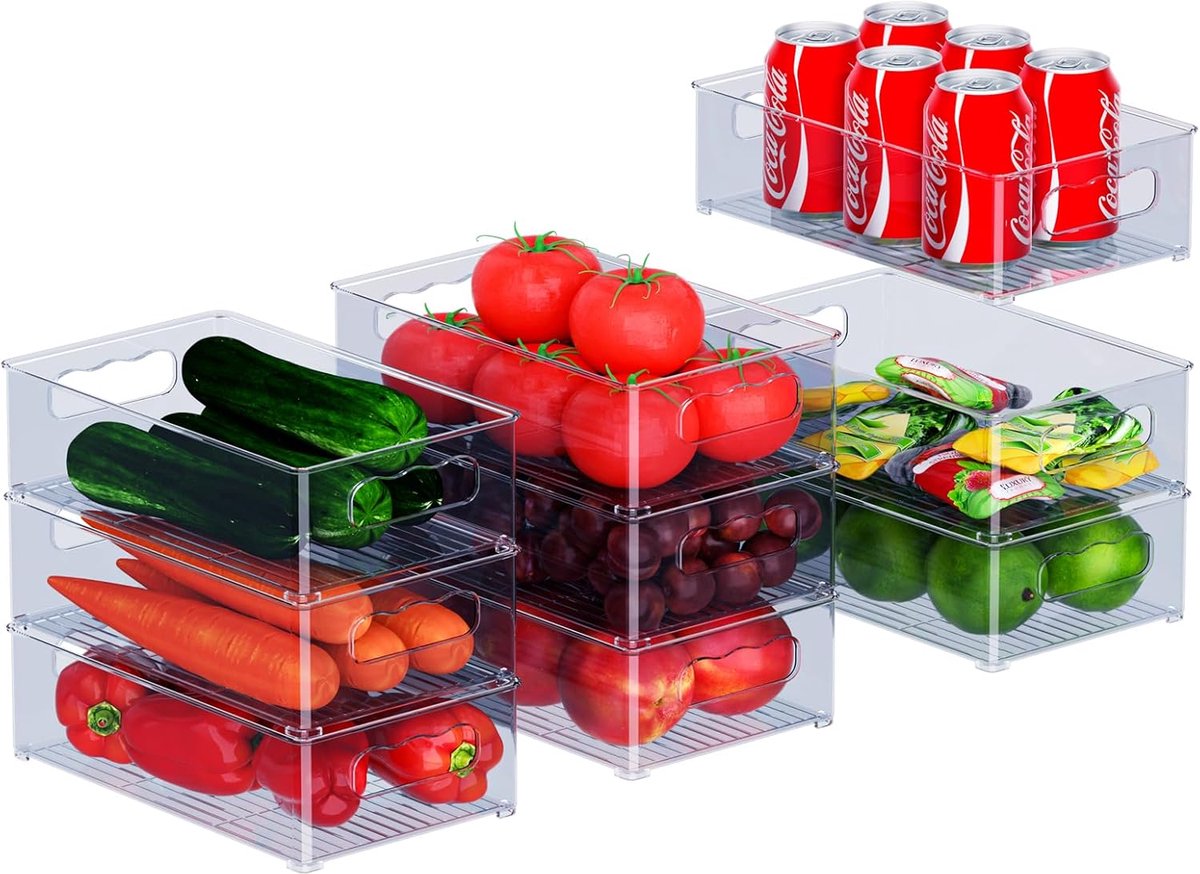 SnelShoppen - Koelkast Organizer Set - 9-delige set (3 maten) Stapelbare Keuken Organizer voor Koelkast, Vriezer, Voorraadkast, Kasten, Lades - Blauw