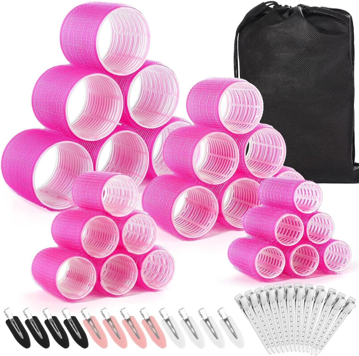 SnelShoppen - 50 Stuks Haarrollers Set, 4 Maten Grote Krullers 60, 48, 36, 25mm, Zonder Hitte, Zelfklevende Haarrollers met Haarspelden, Voor Medium,