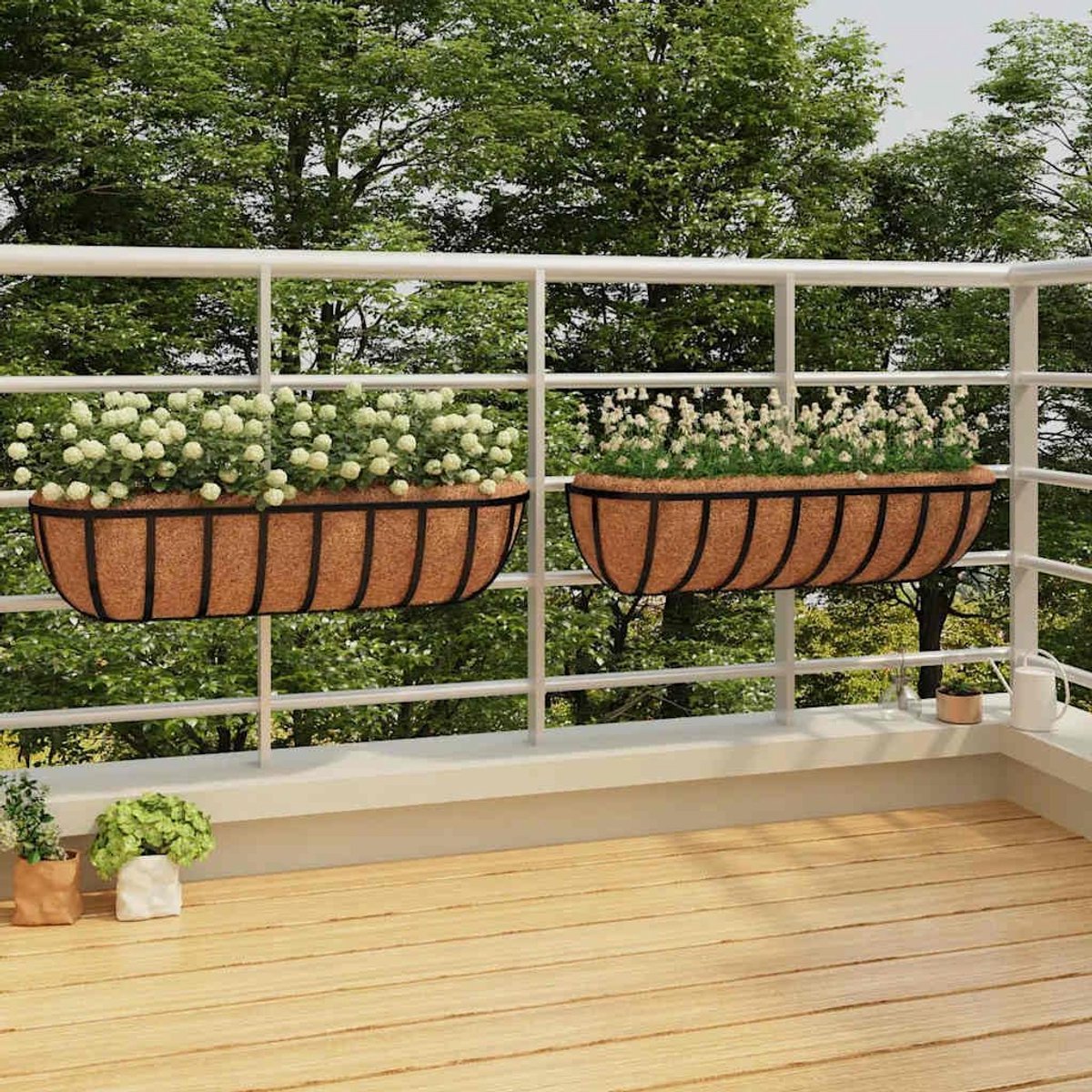 Set van 2 met kokosinzetstuk, hangende plantenbakken voor balkon en tuin, zwart, 61 x 19 x 16 cm, gepoedercoat staal
