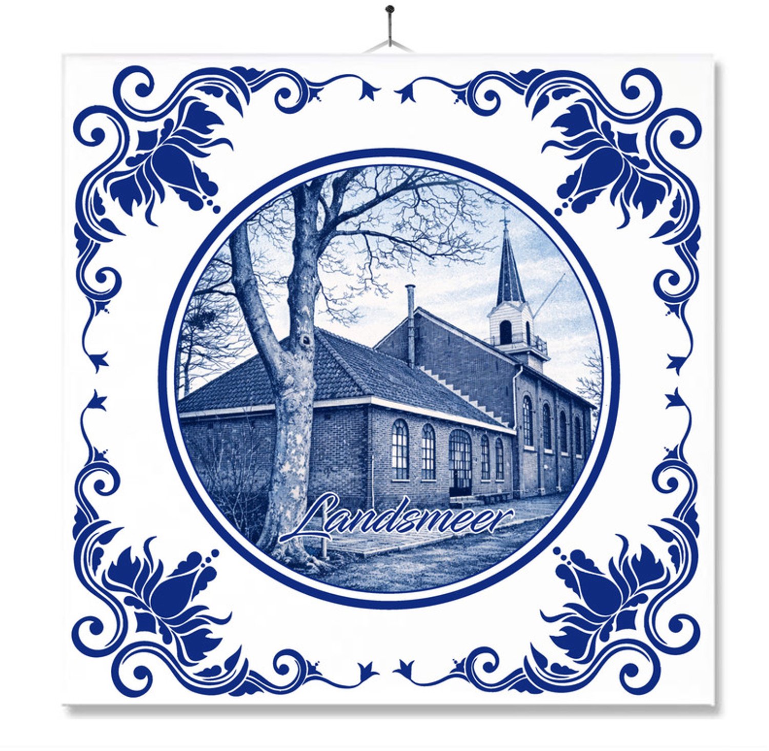 MC Living Tegel Met Opdruk | Landsmeer | Delft Blauw | Cadeau | Inclusief Geschenkdoos | Standaard | Ophangsysteem Ontwerp 1