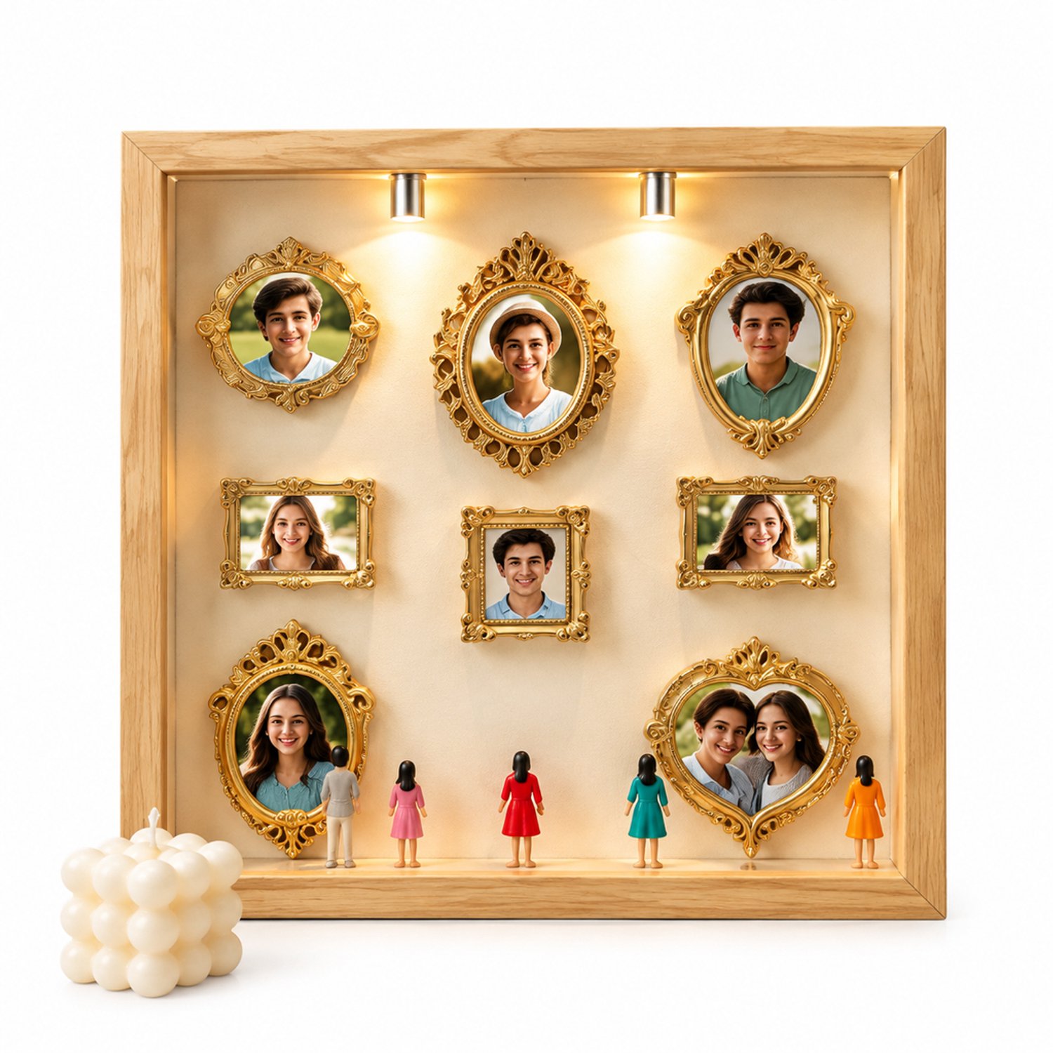 SWGOTA Witte MDF-displaylijst met binnenmaat 15 x 20 cm - Tafeldecoratie met 8 miniatuurlijstjes en 8 willekeurige figuurtjes