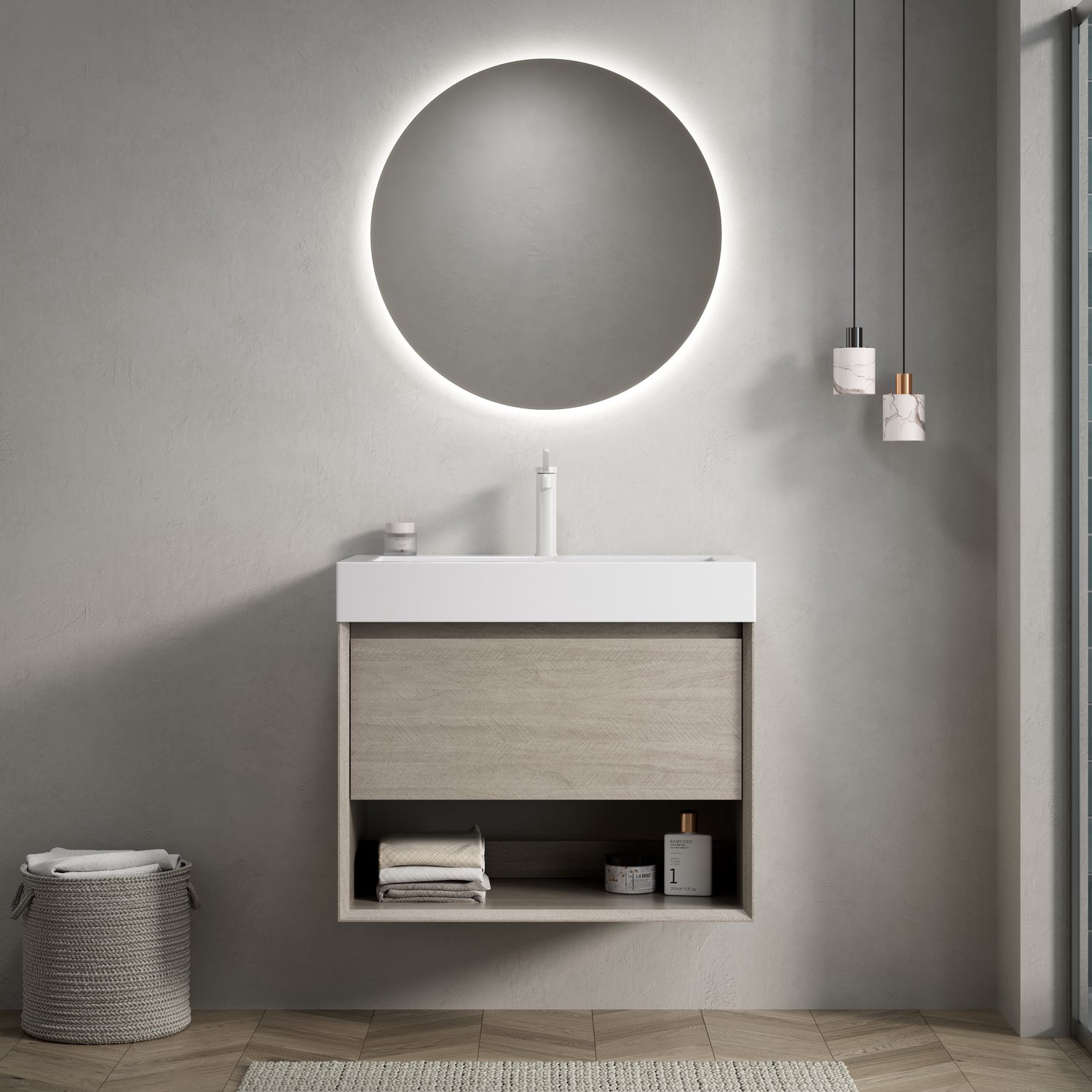 Badkamermeubel - Wandhangende Wastafel Met Lade En Open Vak - Voor Moderne Badkamer - Multiplex En Wit Hars - 70x46x60 Cm - Licht Eiken