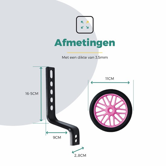 Maatschets van de roze zijwieltjes met aanduidingen voor breedte, hoogte en stalen dikte.