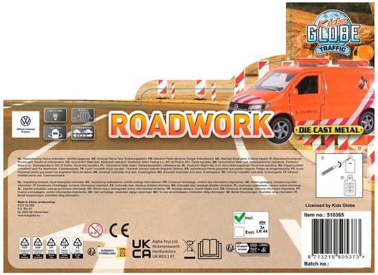 Oranje VW Transporter met de tekst "ROADWORK" en een waarschuwingsbord.