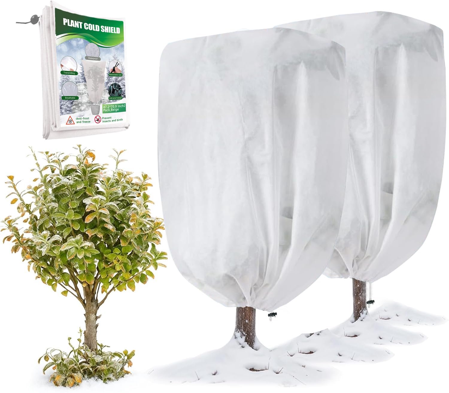 Famanu - Winterbescherming voor Planten - Bescherming tegen vorst - Vliesmateriaal met trekband - Transparant 2 stuks