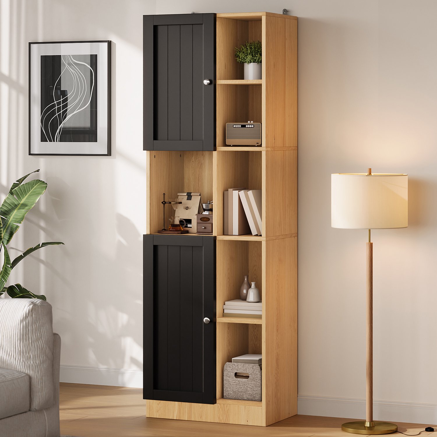 MODENUIT Hoekkast - 6 Open Vakken, 2 Deuren - Voor Keuken En Eetruimte - MDF - Anthraciet Eiken - 50x35,5x170 cm