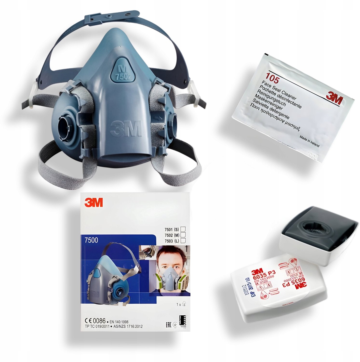 3M 7503 Stofmasker Set met P3 Filters 6035 & Reinigingsdoekje