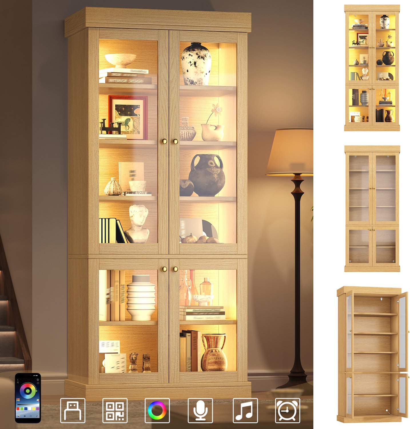 Clruro Vitrinekast - 80×40×180 cm - LED-Verlichting - Verstelbare Planken - MDF - Naturelbruin Natuurlijk Hout