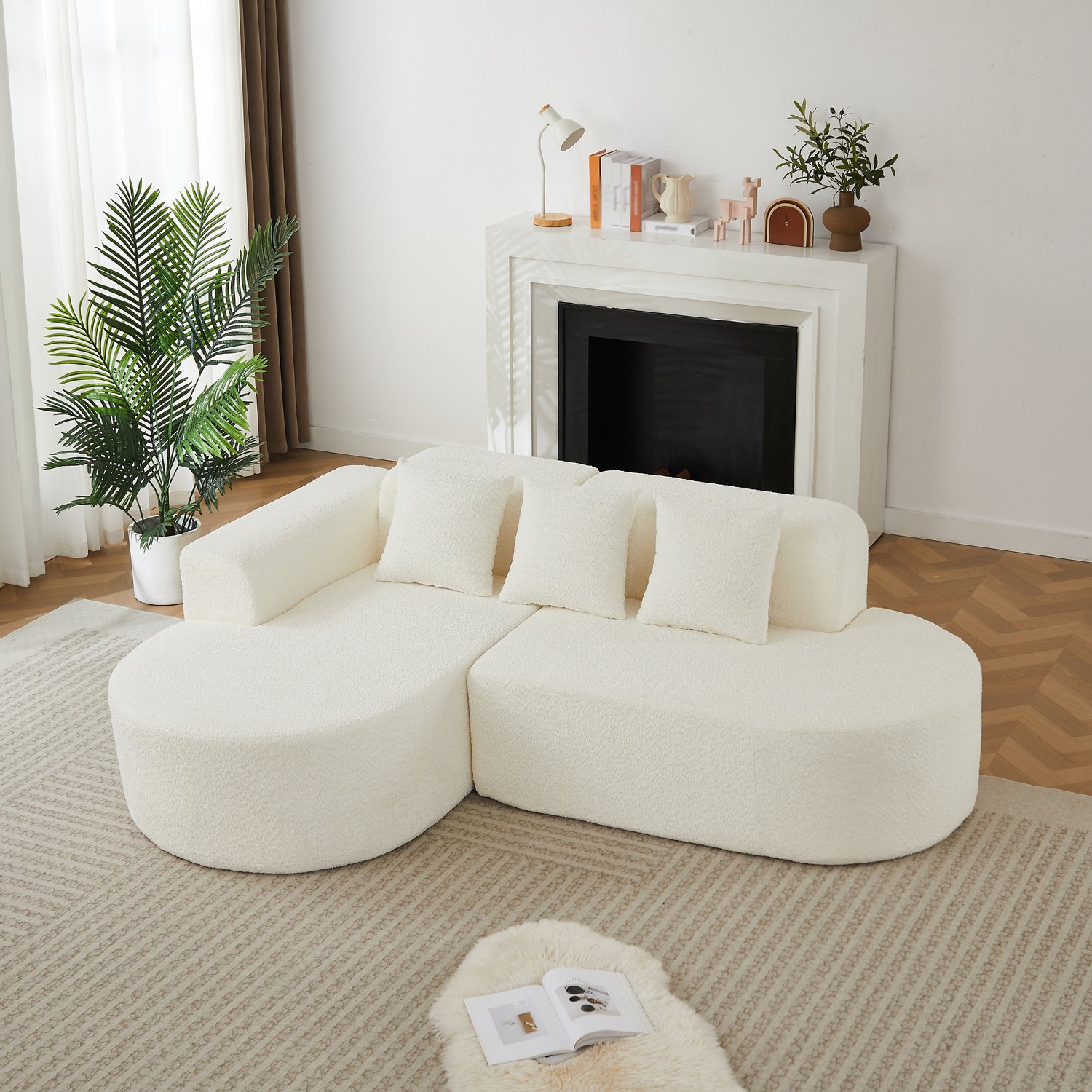 STILVORA Hoekbank - Links - 3-Zits - Modern Rond Wabi-Sabi Design - Met 3 Rugkussens - Voor Woonkamer En Ontspannen Avonden - Chenille - Beige