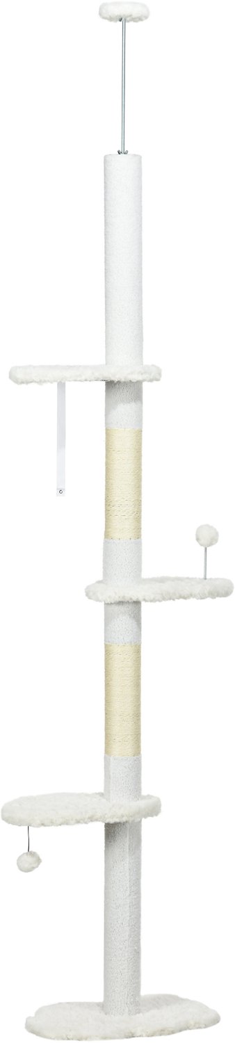 Pawona Deckenhoge krabpaal - Met sisal, speelballen en zitplatformen - In hoogte verstelbaar 225-255 cm - 48 x 32 x 225-255 cm - Wit