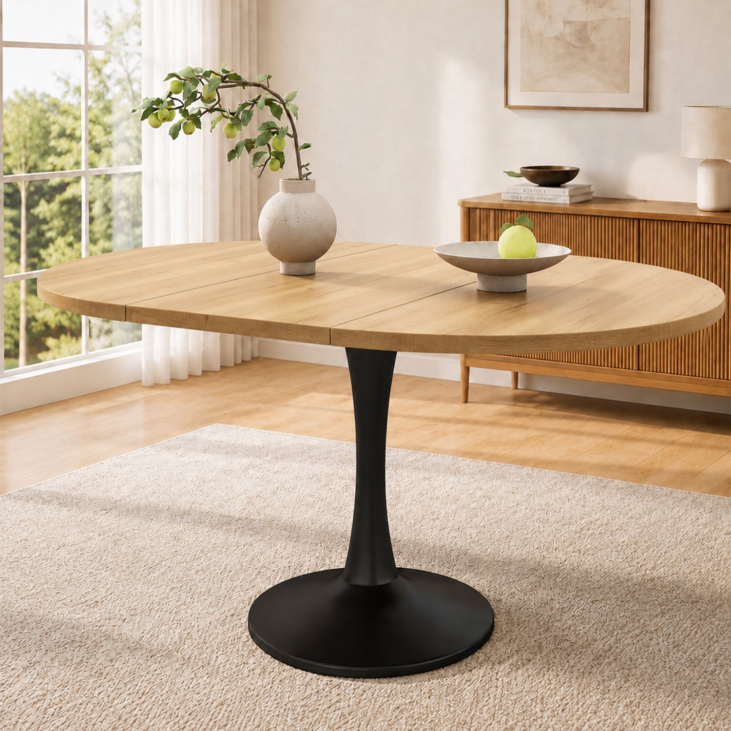 HAUSS SPOLE Uitschuifbare Eettafel - Ovale Tafel Voor Dineren En Ontspannen - MDF En Metaal - 100 Tot 140 x 100 x 75 cm - Eikenkleur