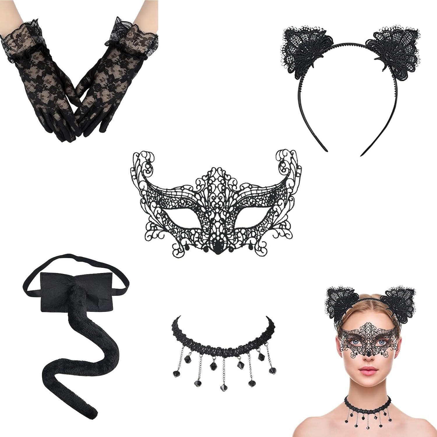 Dames kattenkostuum met kant - Oren, staart, masker en handschoenen voor Halloween, themafeesten en cosplayactiviteiten