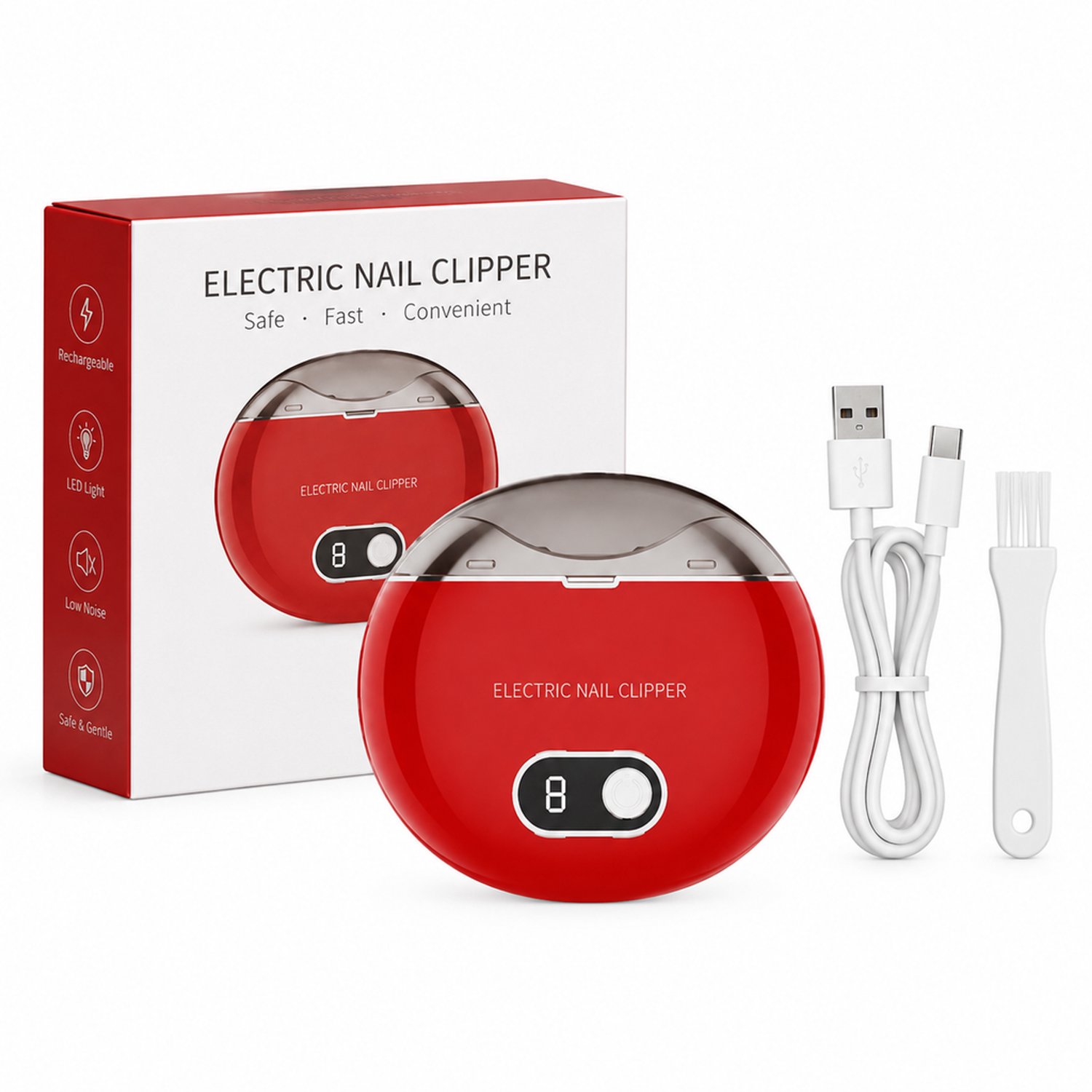 elektrische nagelknipper - oplaadbaar met licht - stil ontwerp - rood met Engelstalige verpakking