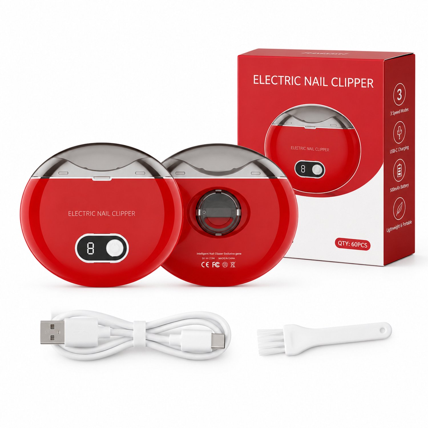 elektrische nagelknipper - 3 snelheden - USB-C-opladen - rood met Engelstalige verpakking - 500 mAh lithiumbatterij