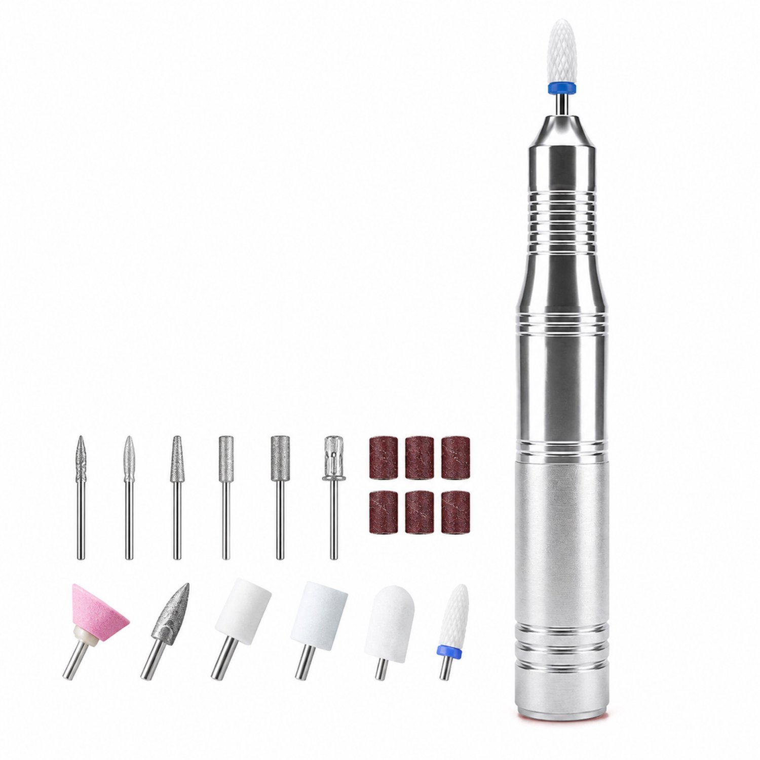 Elektrische nageltrimmer - 5 snelheden - USB-C-oplaadbaar - aluminium uitvoering in zilver - met 6 slijpkoppen