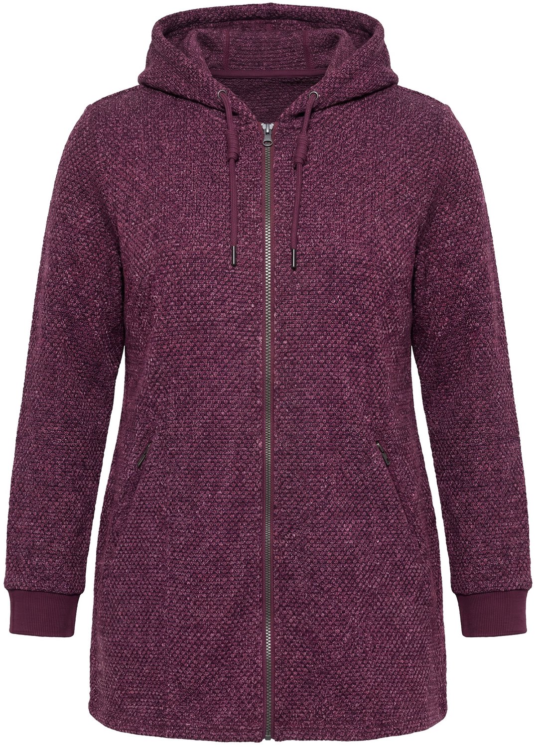 Ulla Popken - Dames - Gebreid fleece jas tekst capuchon lange mouwen - Donker bes - Maat 42+