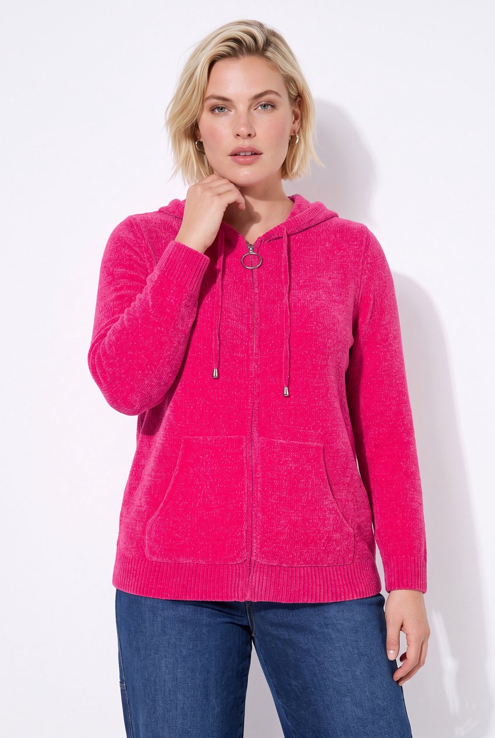 Ulla Popken - Dames - Vest chenille capuchon lange mouwen - Fuchsiaroze - Maat 50+