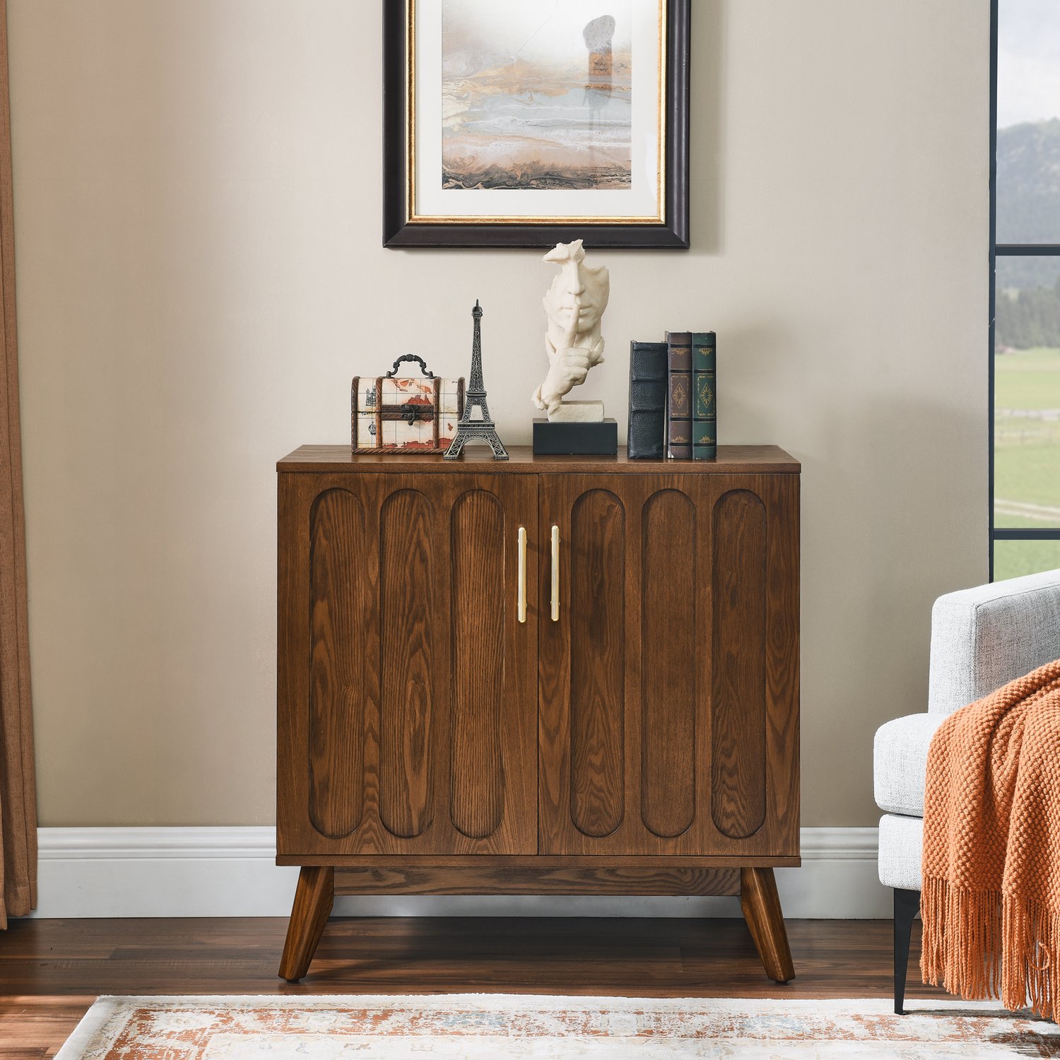 HAUSS SPOLE Dressoir - Geribbelde Fronten En Verstelbare Planken - Voor Woonkamer En Hal - MDF En Hout - 80x40x80 Cm - Walnoot Walnootkleur