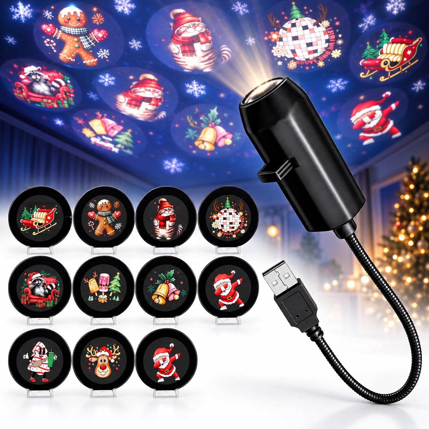 VHV-Kerstprojector - Projectielamp - 10 kerstfilms - USB - Flexibele hals - Dimbaar LED licht - Nachtlampje - Voor plafond en muur - Kerstdecoratie & cadeau - Zwart