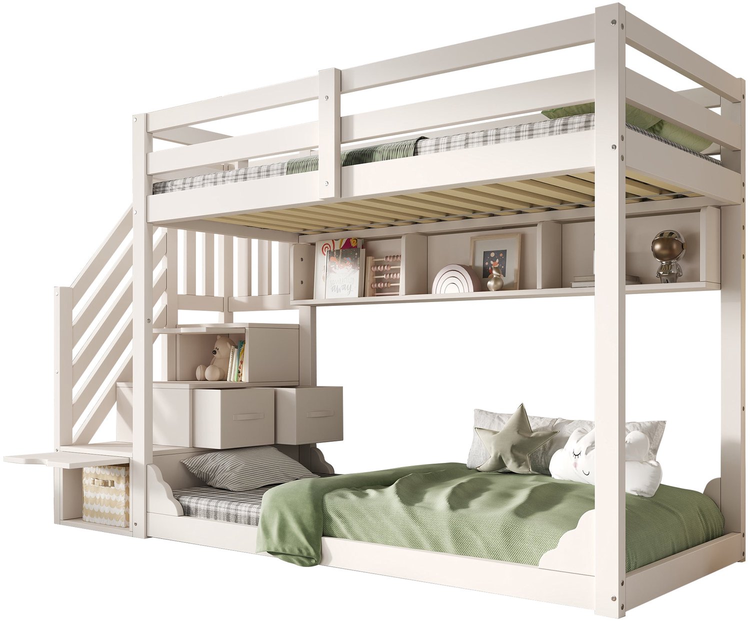 Merax Stapelbed voor Kinderen 90 x 200 cm - Met Trapkast En Opbergruimte - Veiligheidshek - Houten Lattenbodem - Wit