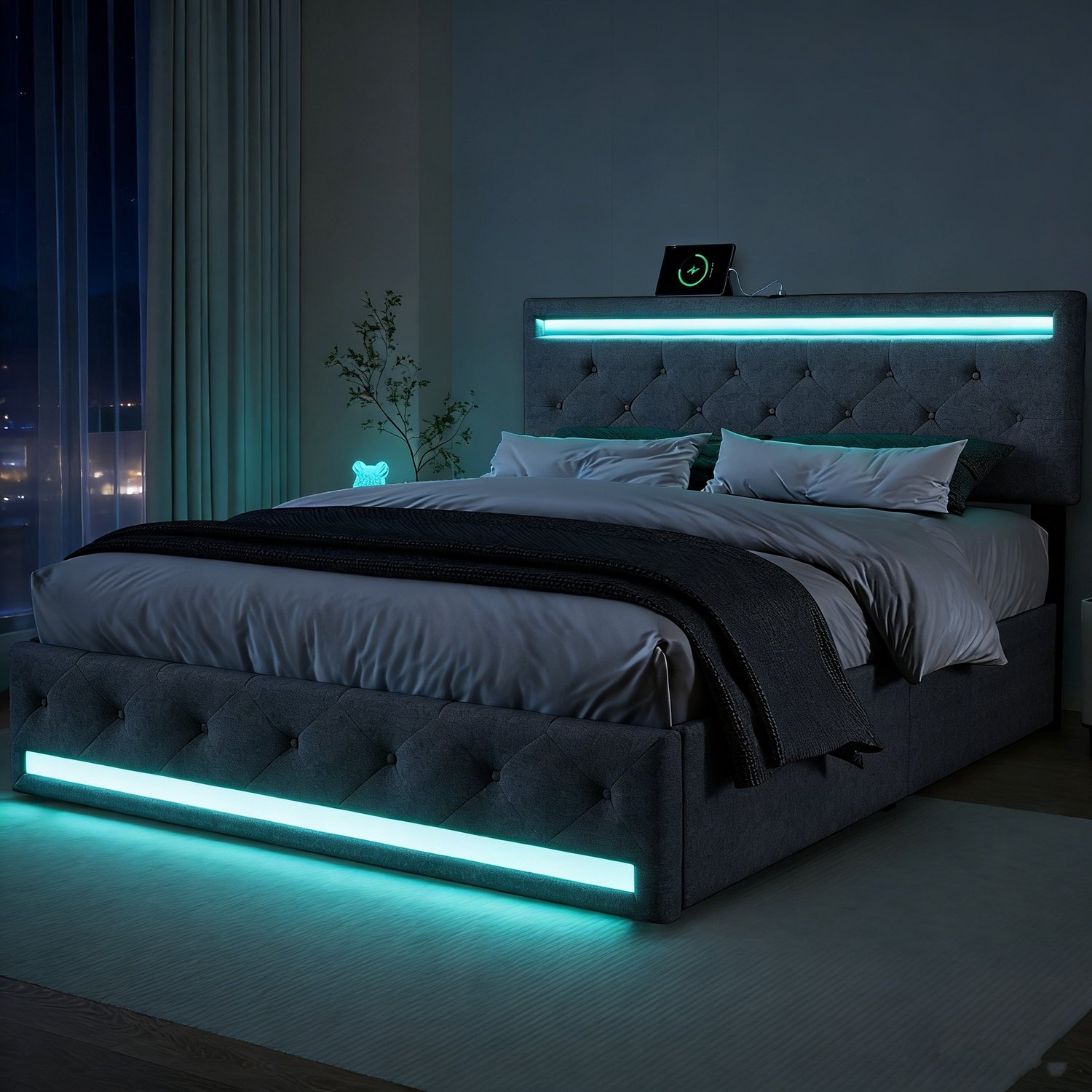 Tweepersoonsbed 140x200 cm met LED verlichting, gestoffeerd bedframe met 4 opberglades, linnen hoofdbord, lattenbodem en USB laadfunctie
