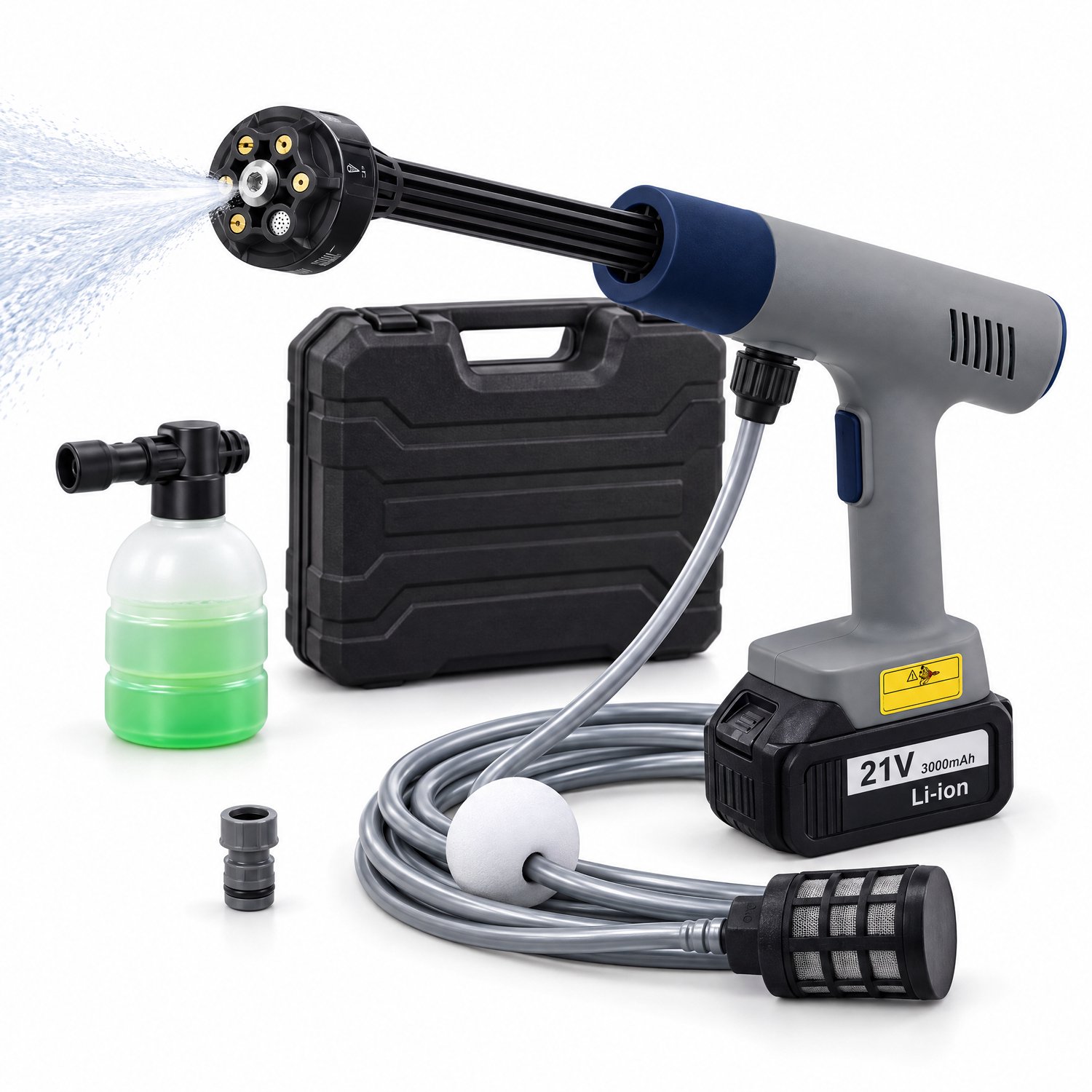 Cheqo® Hogedrukreiniger met Accu, 6-in-1 Sproeikop en Schuimkanon - Draadloze Hogedrukspuit 21V - Hogedrukpistool - Accudrukreiniger - Auto Wassen - Autoreiniger - Mobiele Hogedrukreiniger voor Fiets, Boot en Caravan - Camping - 20 Bar