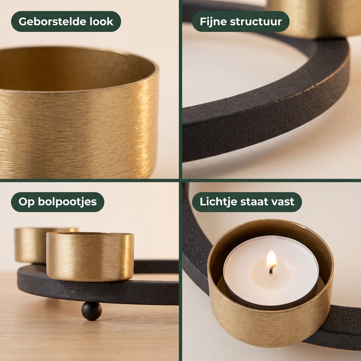 Cheqo® Theelichthouder Rond voor 4 Theelichtjes - Adventskrans Zwart Goud - Waxinelichthouder - Kaarsenhouder - Advent Kandelaar - Kerstdecoratie - Kaarsenstandaard - Tafelversiering - Herfstdecoratie - Kerstversiering - Sfeerverlichting Binnen – foto 3
