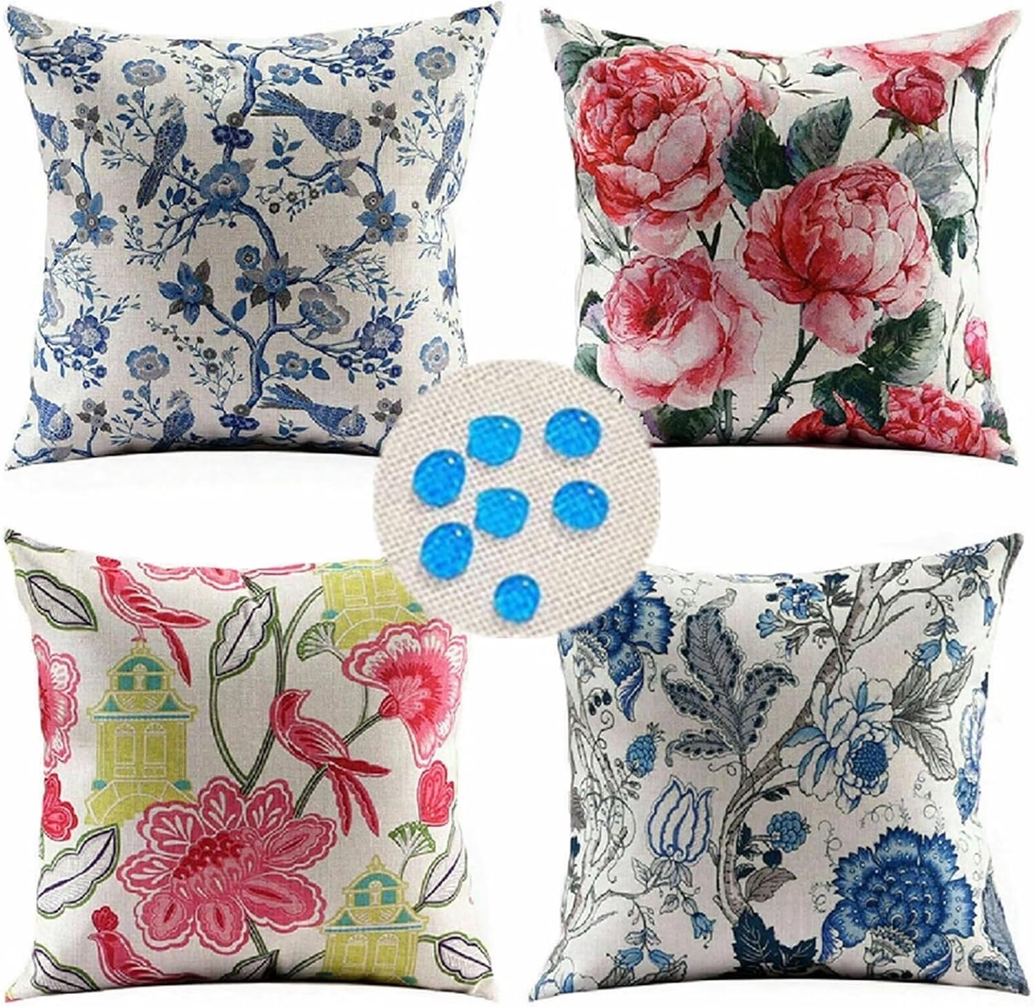 Outdoor Kussenhoezen 26x26 inch Set van 4 Waterbestendig Decoratieve Kussenslopen Linnen materiaal, Gedrukt Kussenslopen, voor tuinbank Slaapkamer, 65cm x 65cm Roze Blauwe Bloem
