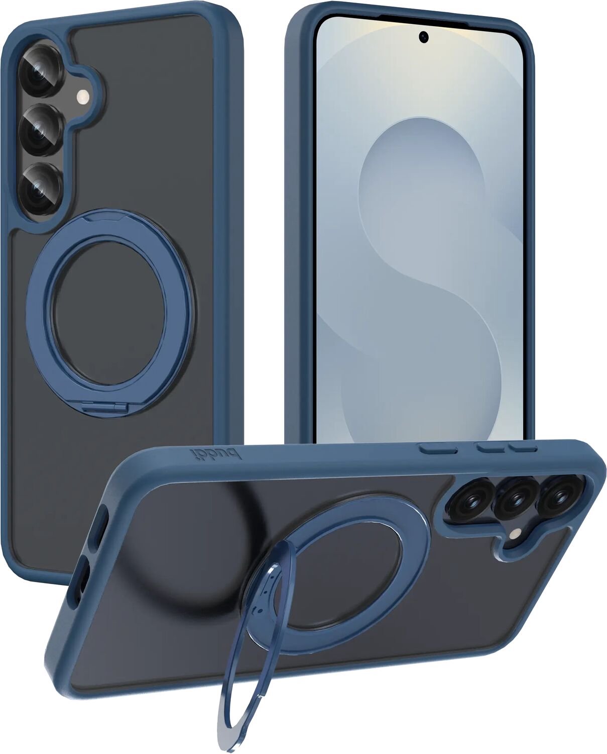 Buddi Frost Hoesje Geschikt voor Samsung Galaxy S25 Plus / S24 Plus - Mat Donker Blauw - Met Ring Stand - MagSafe Back Cover - Matchende kleur - Met 360° Draaibare Standaard - Shockproof - Slank