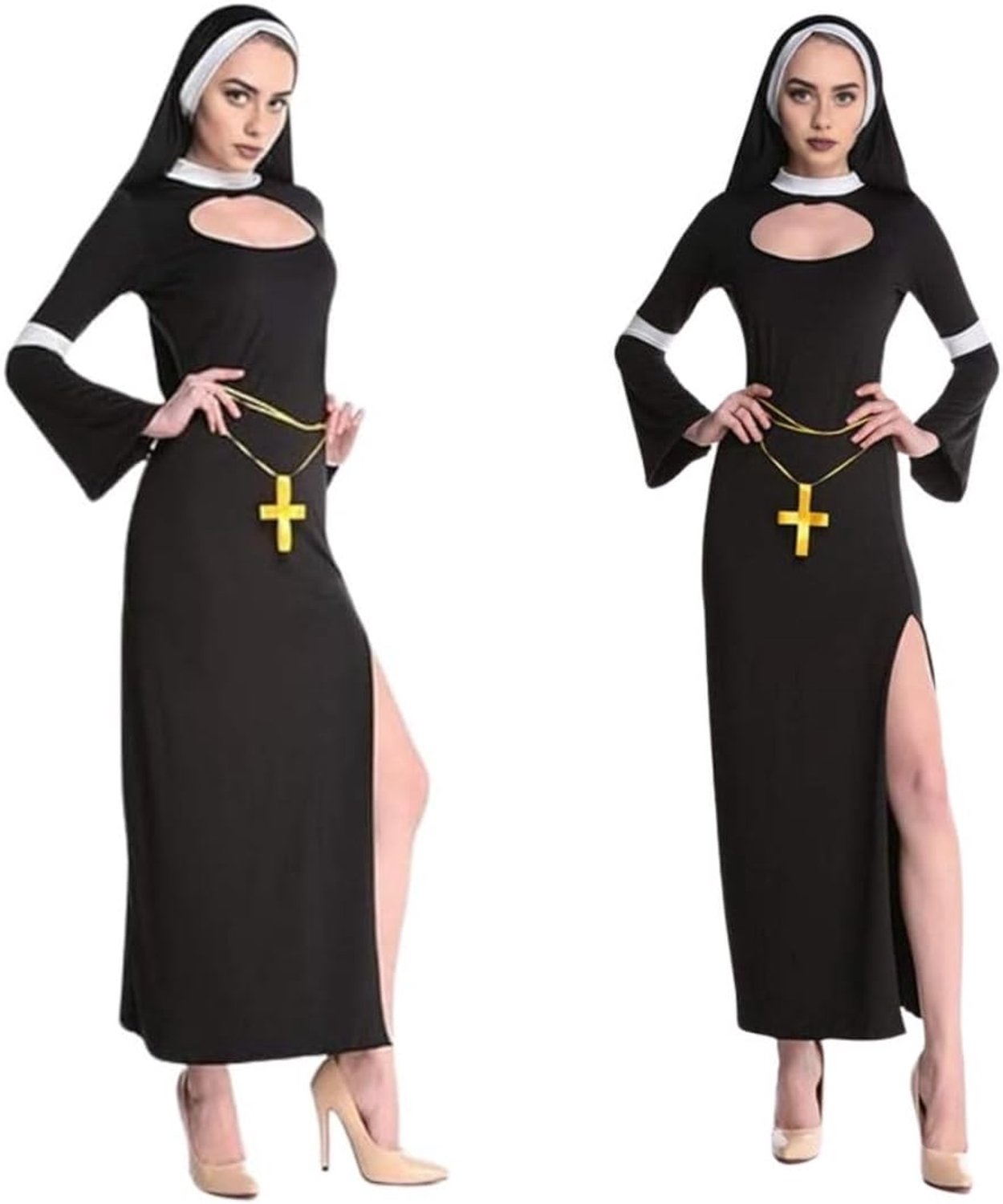Nonnenkostuum voor dames, Halloween, compleet kostuum met jurk, sluier en kruis, nonnensluier en accessoires, nonnenkostuum, carnaval, minirok, terreur of angst.