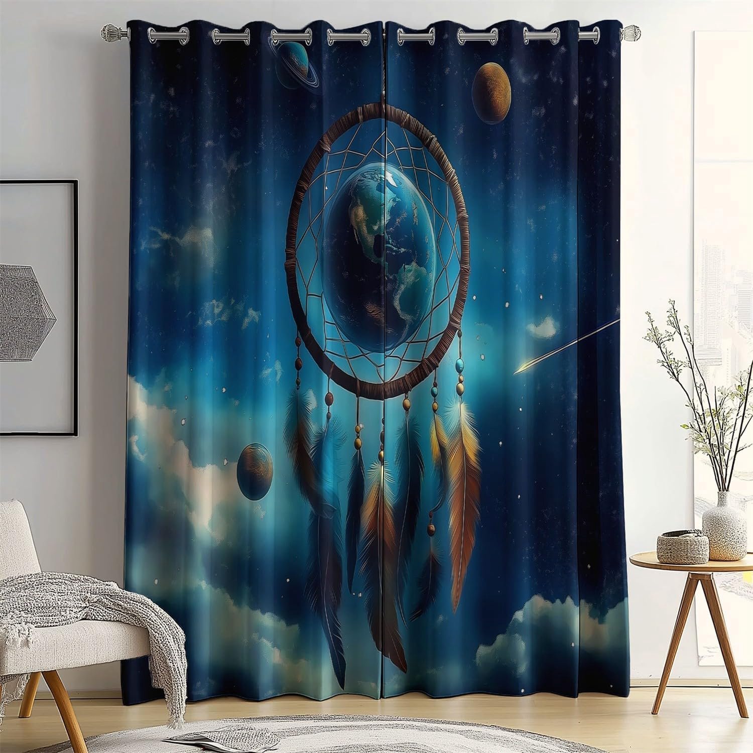 Nachthemel, dromenvanger, blauw, net, ogen, thermische isolatie, blauw, bedrukt, voor woonkamer, slaapkamer, raam, modern, decoratie, 140 x 260 cm (2 panelen)