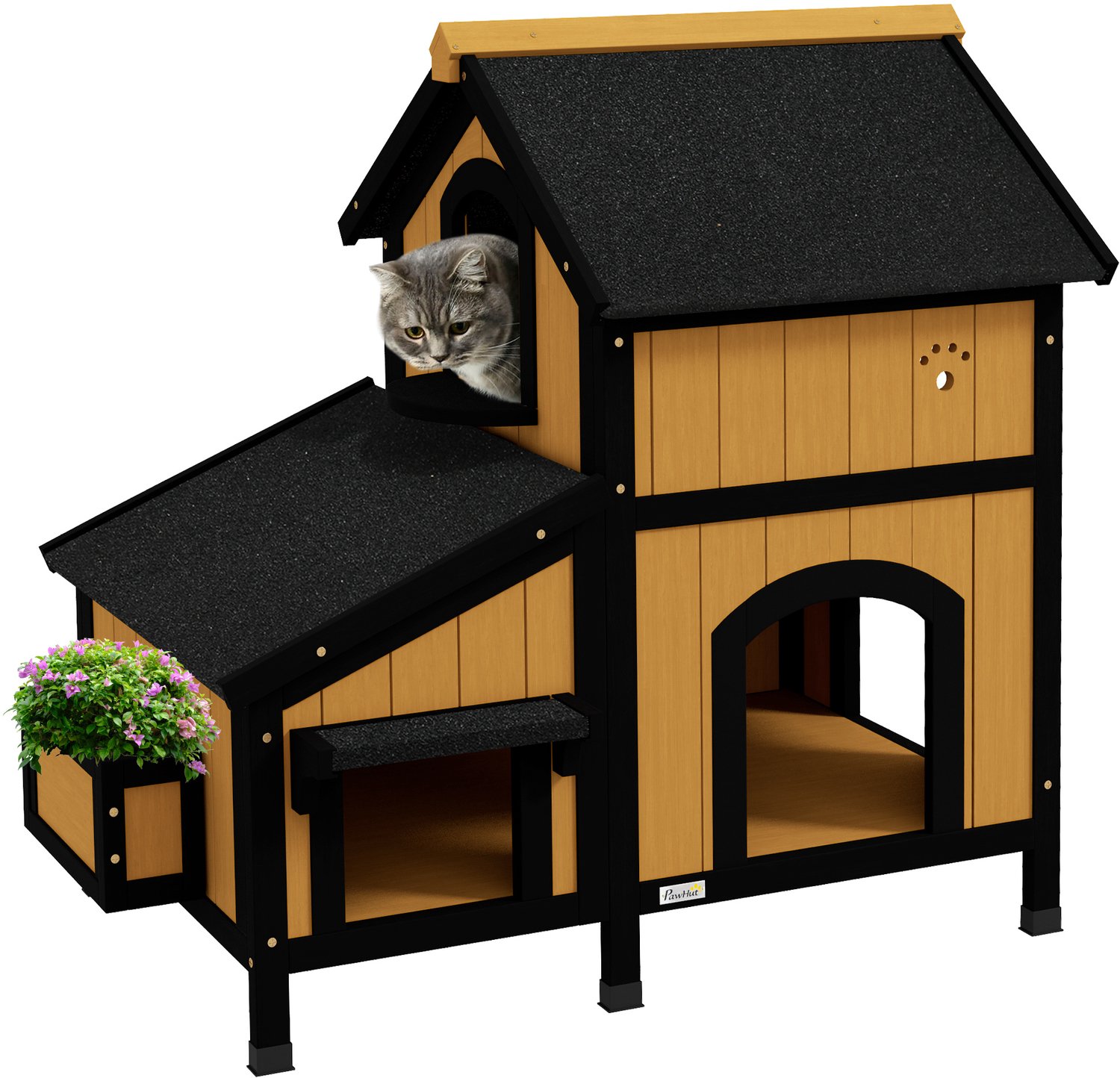 Pawona Kattenhuis met twee verdiepingen en bloembak - Voor buiten - 96 x 65 x 85,5 cm - Geel