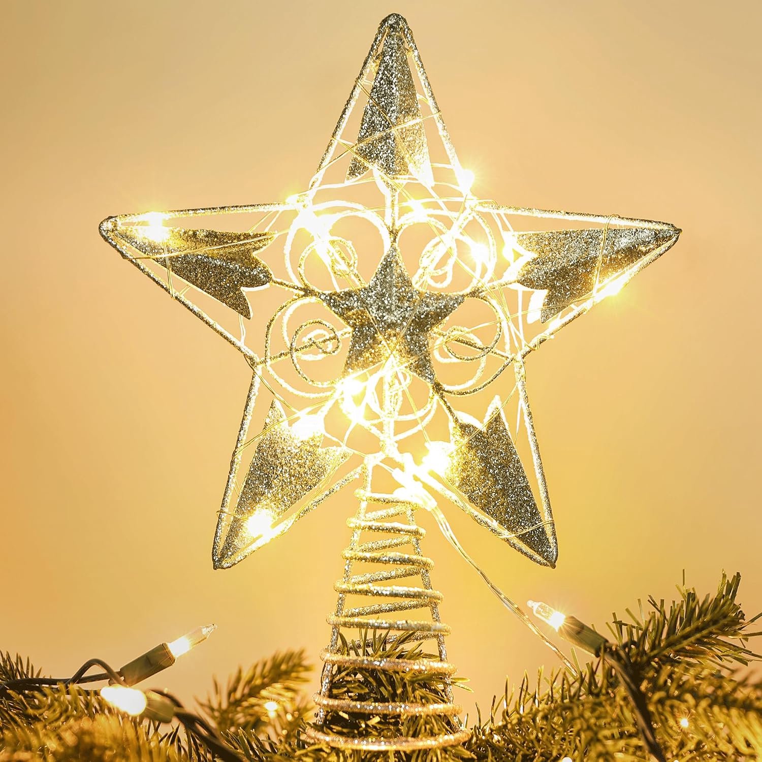 Zilveren ster boom lichten, 20,3 cm holle kerstster boomtop met 20 LED warm witte lichten, batterij aangedreven kerstboom top ster voor kerstboom indoor party home office decoratie