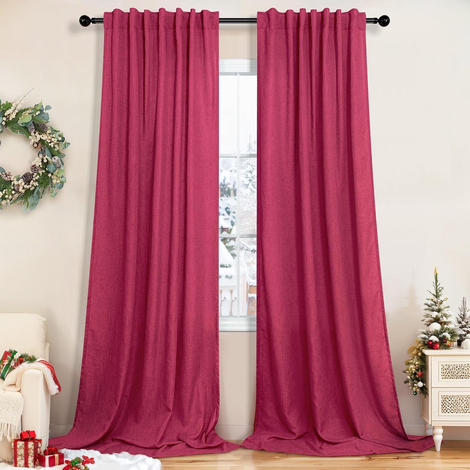 Hete roze half-doorzichtige gordijnen 244 cm lang, set van 2 panelen met roededoorvoer, achterflap van linnen, lichtfilterend, kamerdecoratie, magenta gordijngordijnen voor woonkamer, 132 x 244