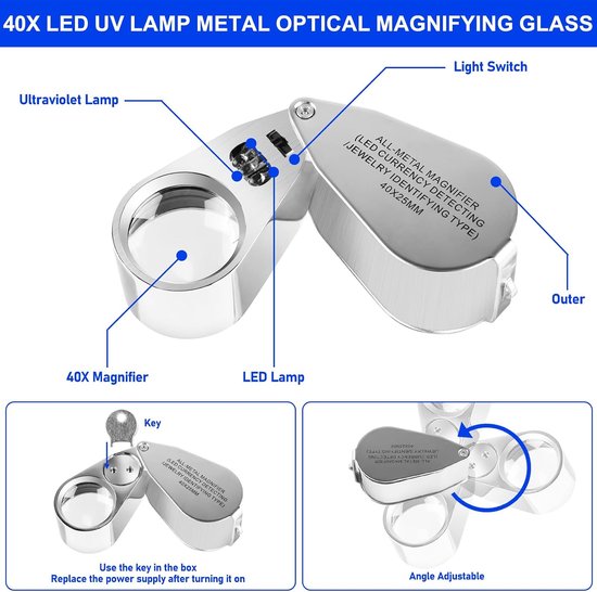 2 stuks juweliersvergrootglas, 30 x 40 x 60 x juweliersloep met led- en uv-zwart licht, sieradenvergrootglas, zakloep met licht voor edelstenen, diamanten, sieraden, rokken, postzegels (zilver) — afbeelding 4