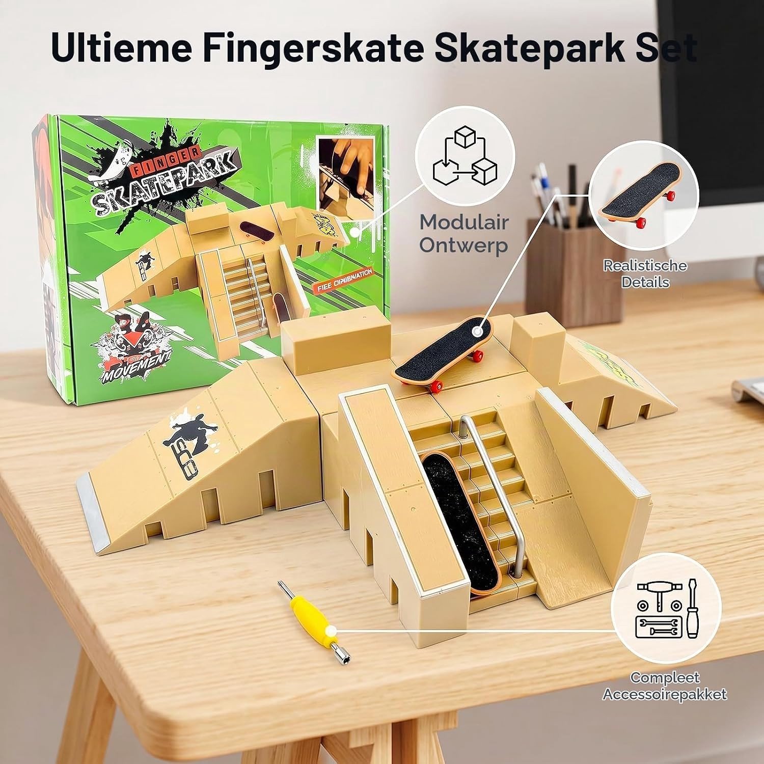 Vinger Skateboard Ramp Accessoires Set 5-in-1 met Mini Skateboard Tricks en Stunts