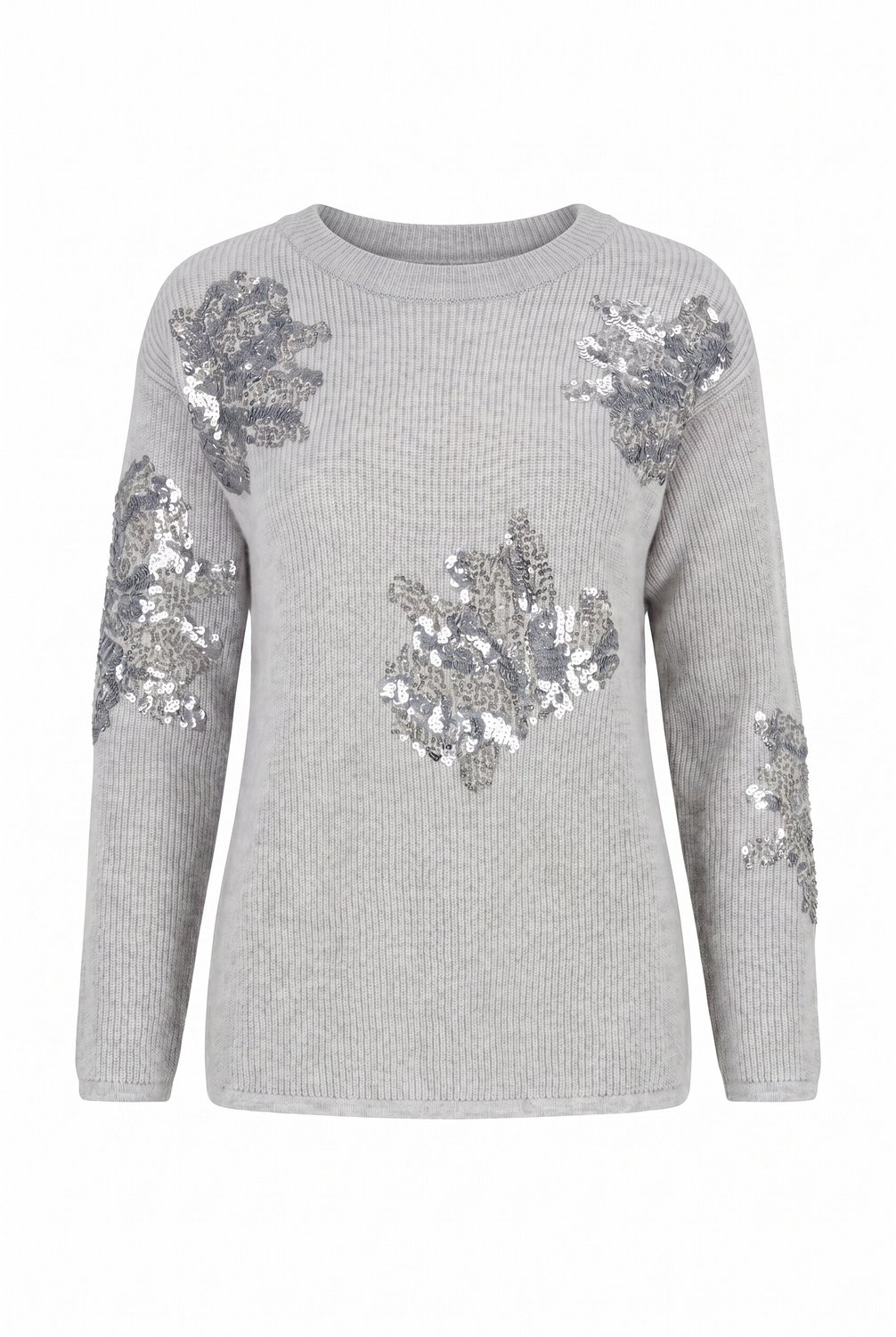 Ulla Popken - Dames - Trui classic fit bloemenborduursel lange mouwen - Middengrijs melange - Maat 50+