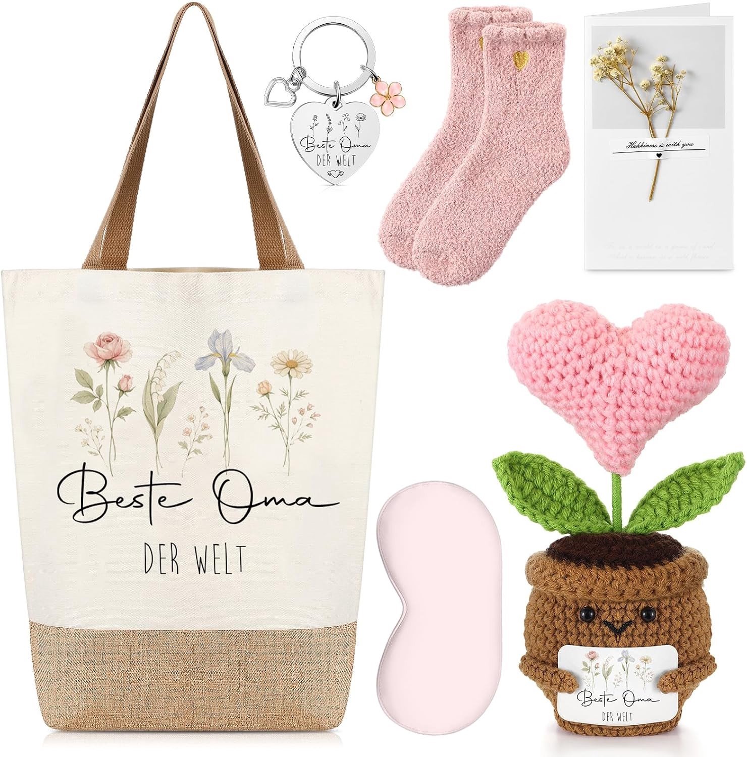 Cadeaupakket voor Oma met Jute Tas, Sleutelhanger, Gebreide Bloempotpop, Slaapmasker, Sokken en Wenskaart met Gedroogde Bloemen voor Moederdag en Kerstmis