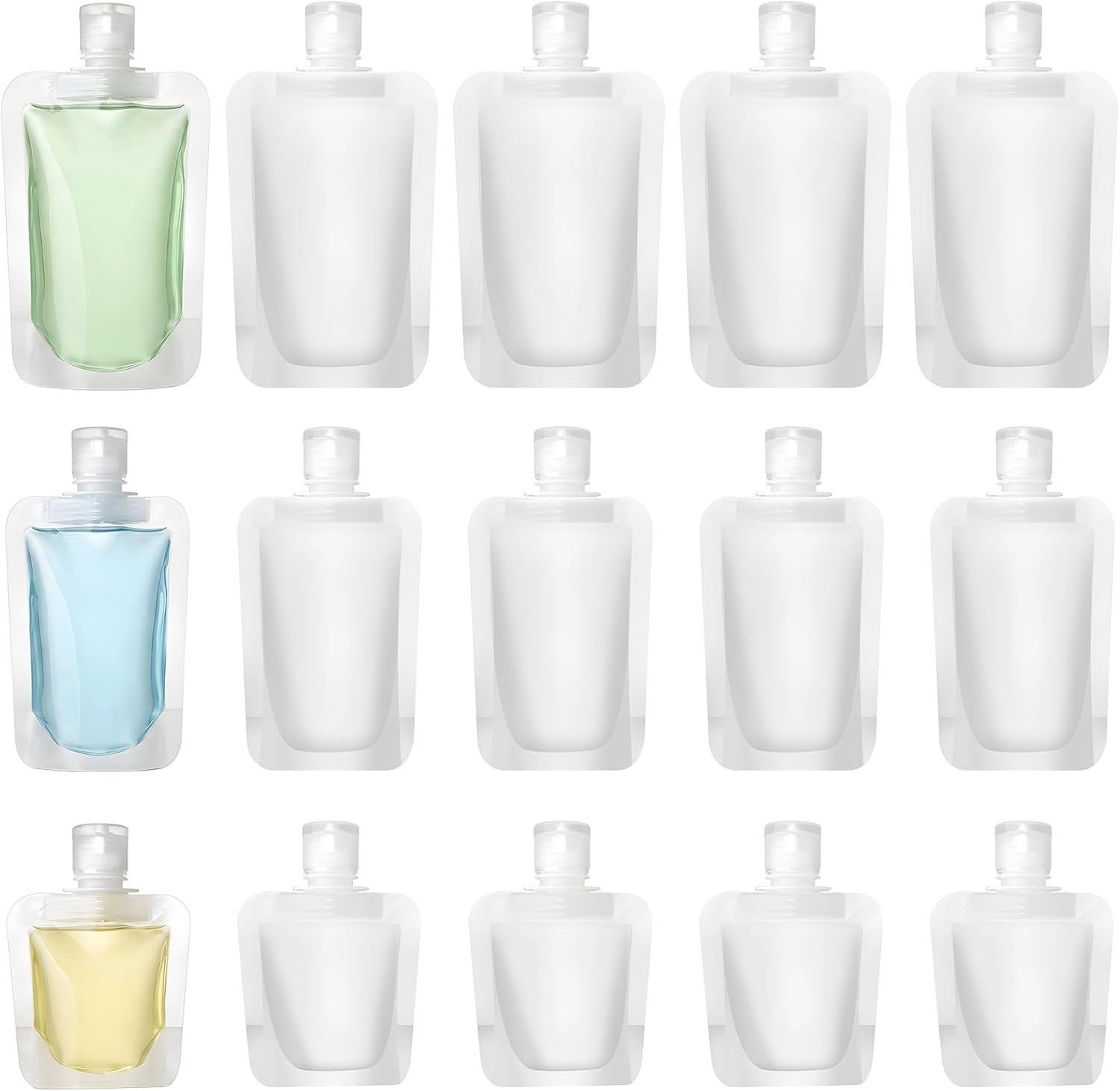 15 stuks reisformaat, navulbare lege knijpzakken, 30/50/100 ml, lekvrije reisfles, Clamshell verpakkingszak, reisset, vloeistoffen om te vullen, shampoo, lotion, haarconditioner